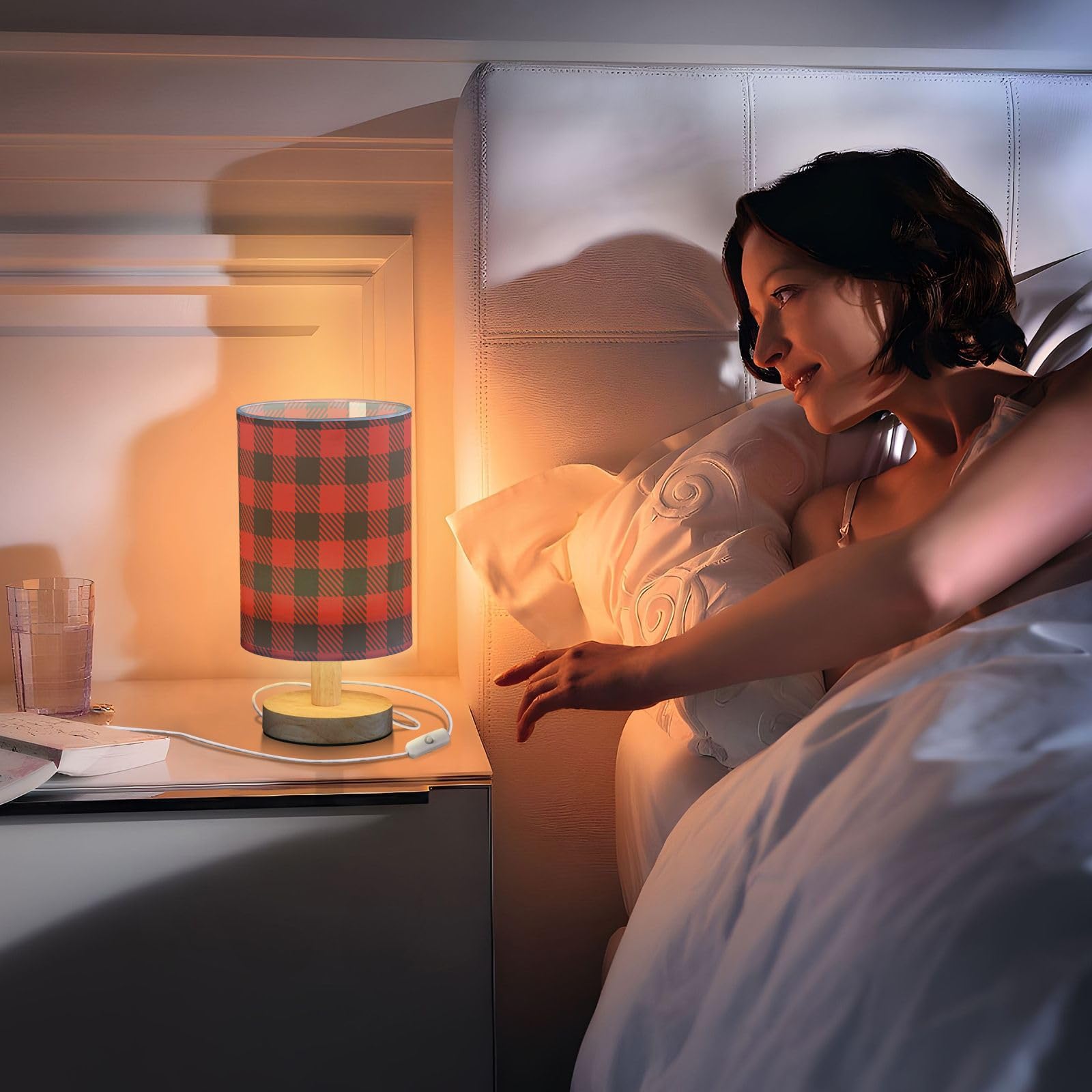 Domiking Black Red Buffalo Plaid Check Bedside Table Lamp For Bedroom Fabric Linen Lampshade Nightstand Lamp Desk Light Lamps For Home Dorm Office 5.12X9.7In