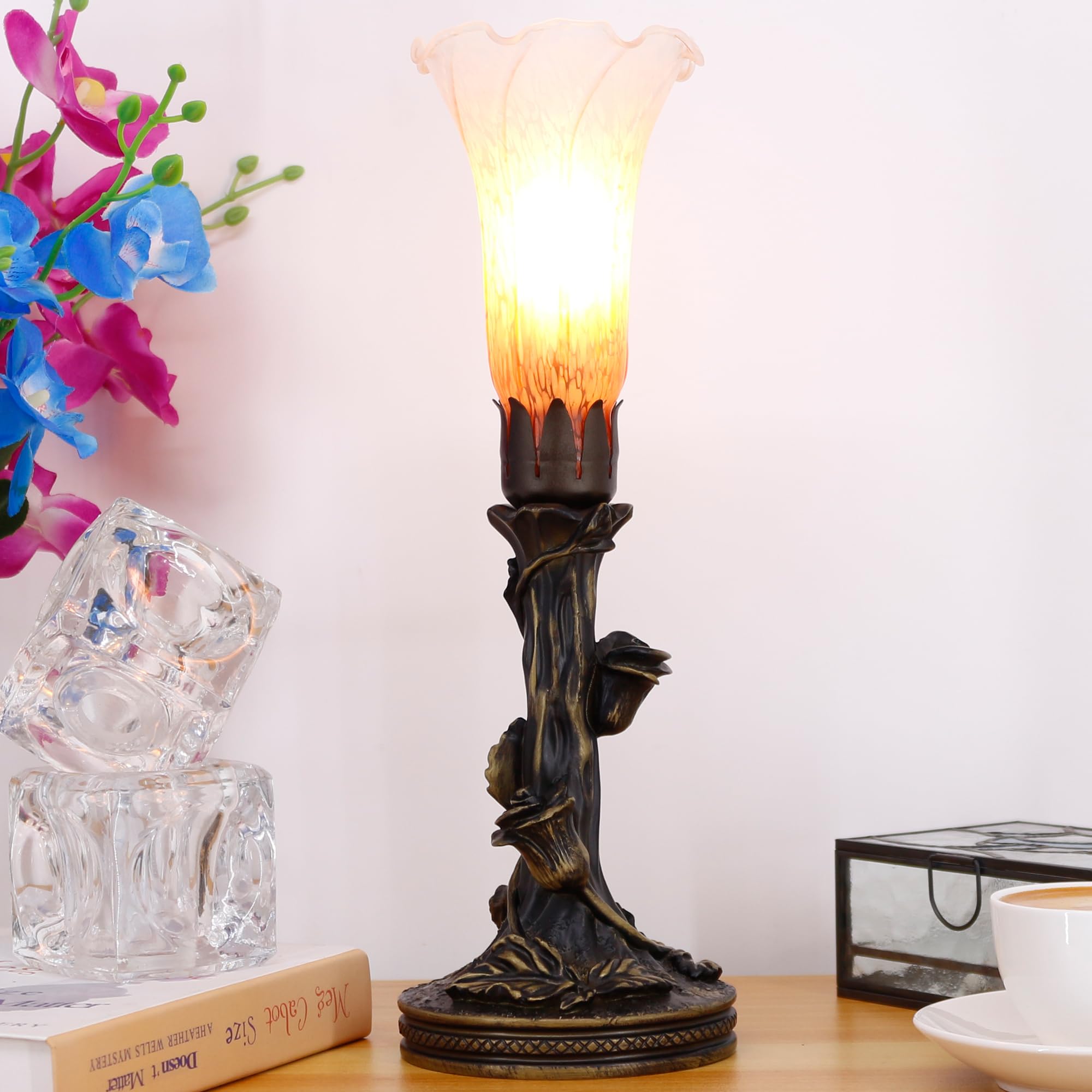 Anyonglu Lily Lamp Tiffany Style Torchiere Table Lamp 13.5 Inch Tall Tulip Flower Accent Desk Lamp With Bronzed Resin Base (1-Light/Orange)
