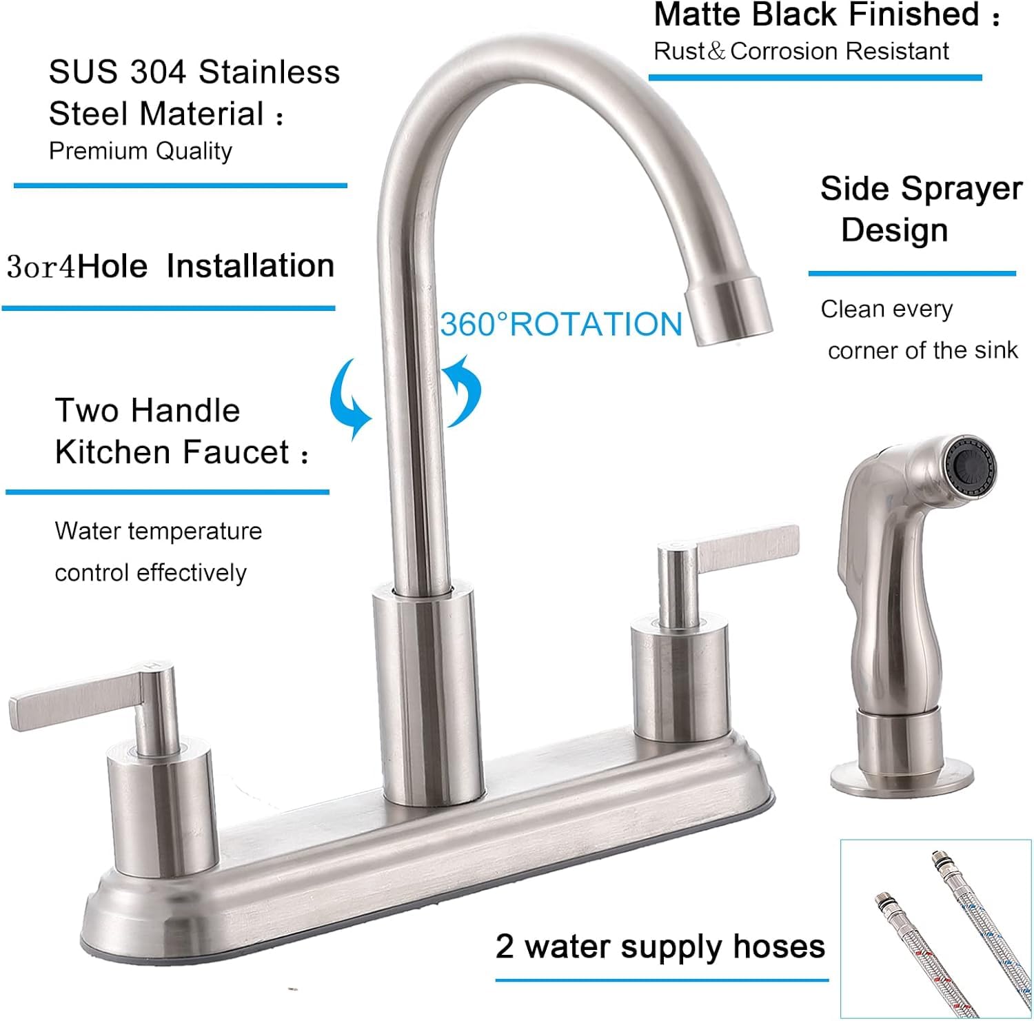 Ikebana 3 Or 4 Hole Kitchen Faucet Brushed Nickel, 2 Handle 4 Hole Kitchen Sink Faucet With Side Sprayer, Lead- 360 Swivel Stainless Steel Kitchen Faucet For Rv Laundry Kitchen Sink
