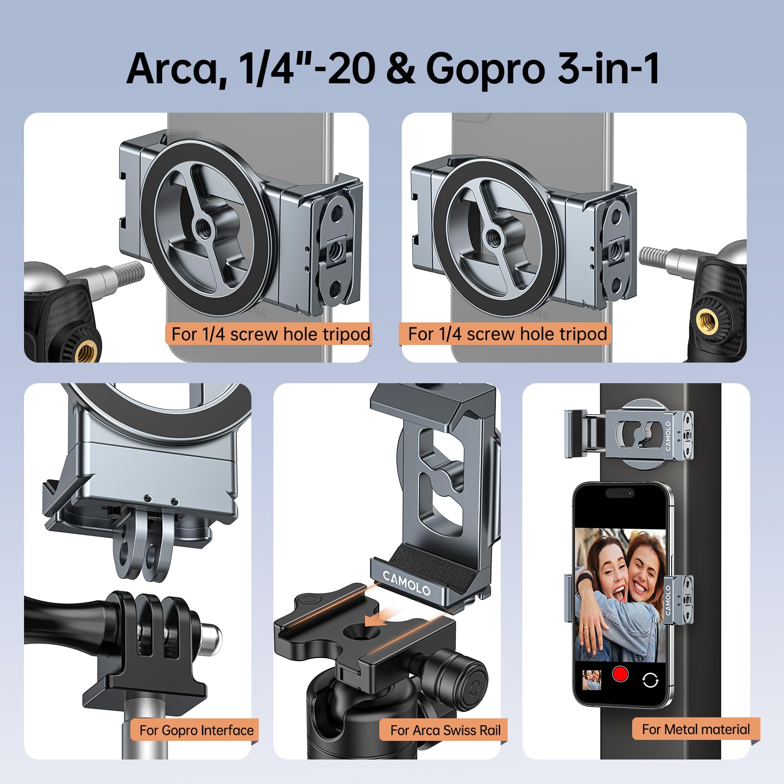 Camolo Geek Metal Phone Tripod Mount With Arca Port & Magnetic 1/4"-20 Action Camera Adapter, Adjustable Smartphone Tripod Adapter Clamp Cell Phone Stand Holder Compatible With Iphone 16 Plus Pro Max Gopro