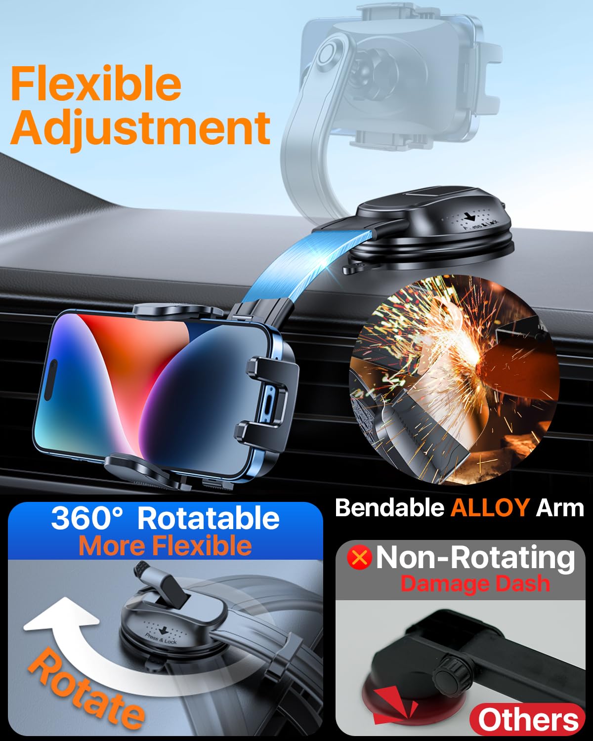 Htu  Strongest Suction Car Phone Holder Bendable Arm, Never Block View Rotatable Cellphone Mount For Dashboard Windshield Vent, Cradle Stand For Iphone 16 15 14 13 12 Pro Max (Black)