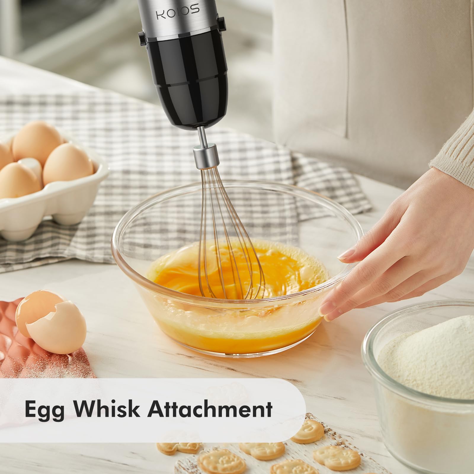 Koios 1000W Immersion Hand Blender, Upgrated 5-In-1 Handheld Blender, Full Copper Motor, Titanium Enhanced Blender Shaft, 12-Speeds, 600Ml Mixing Beaker, 500Ml Chopper, Whisk & Milk Frother