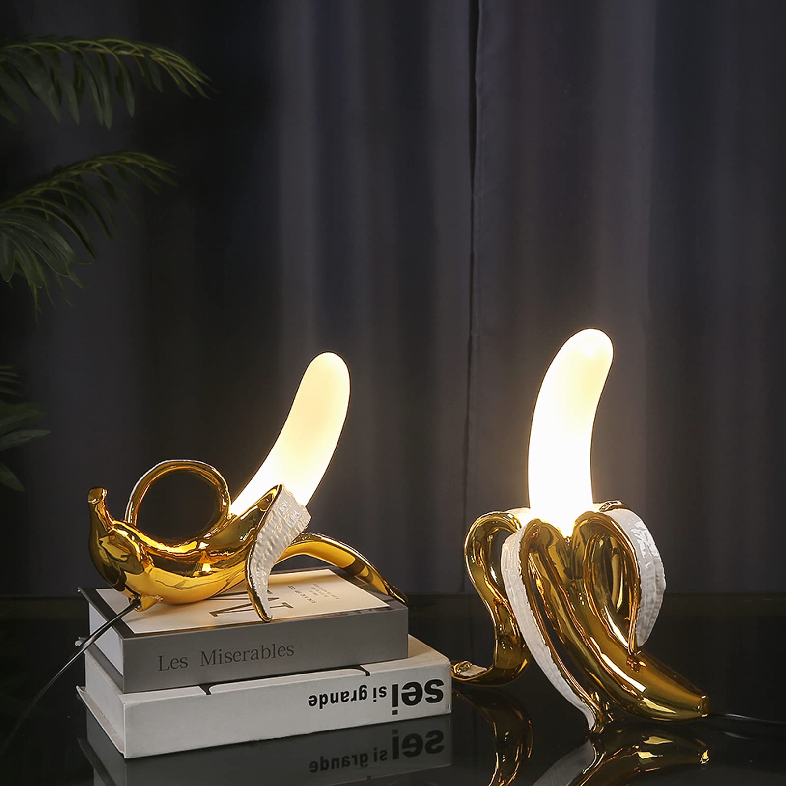 Lazhug Modern Plated Resin Banana Table Lamp Light Novelty Plug In Led Fruit Night Lights,Funky Banana Lamp For Office Decorations Bedroom Atmosphere Lamp (Lying Banana Lamp)
