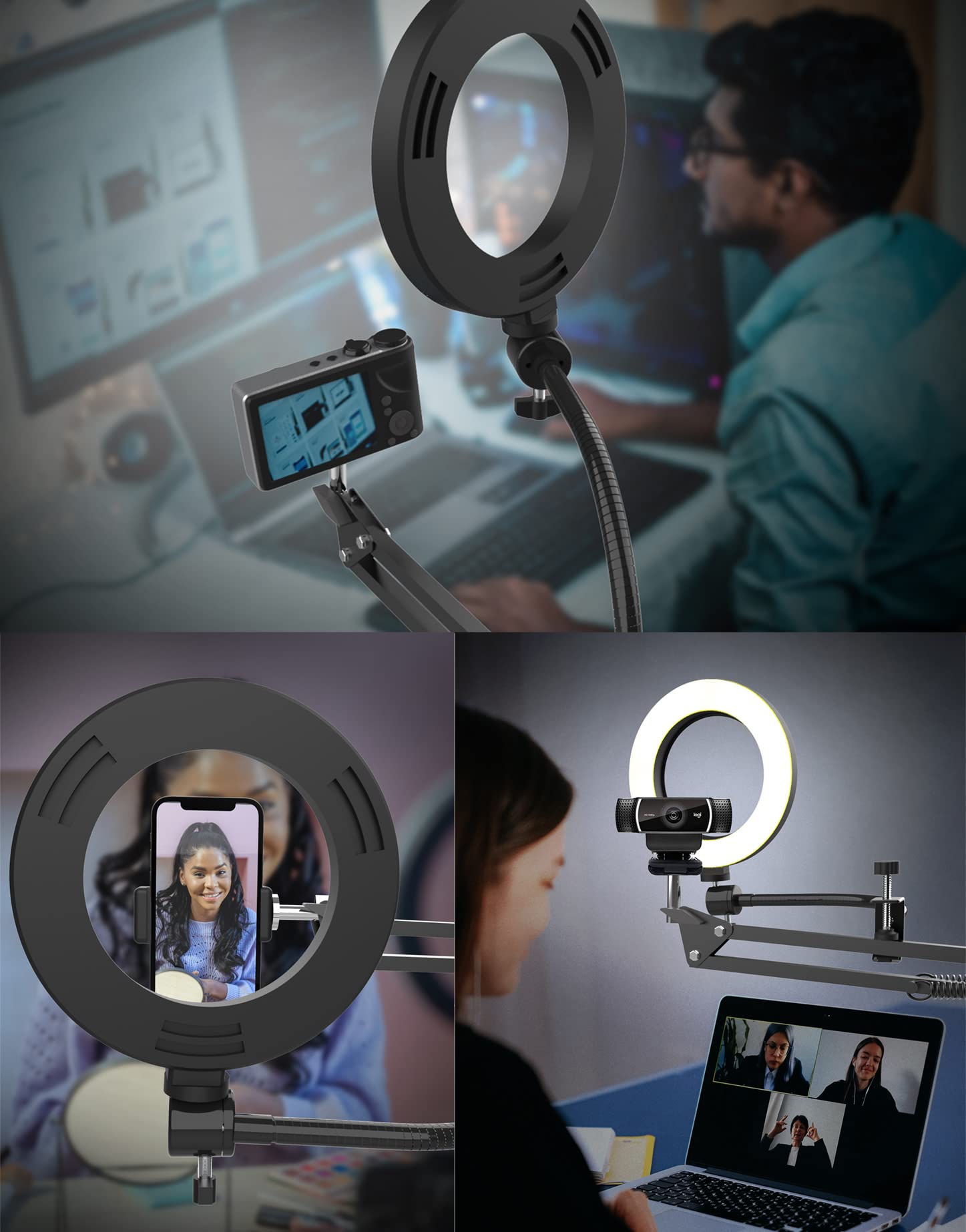 Pozliv Overhead Camera Mount With Ring Light, Flexible Articulating Phone Arm Stand Compatible With Iphone, Logitech Webcam, Desk Tripod For Youtube Live Stream Cooking Nail Video Recording