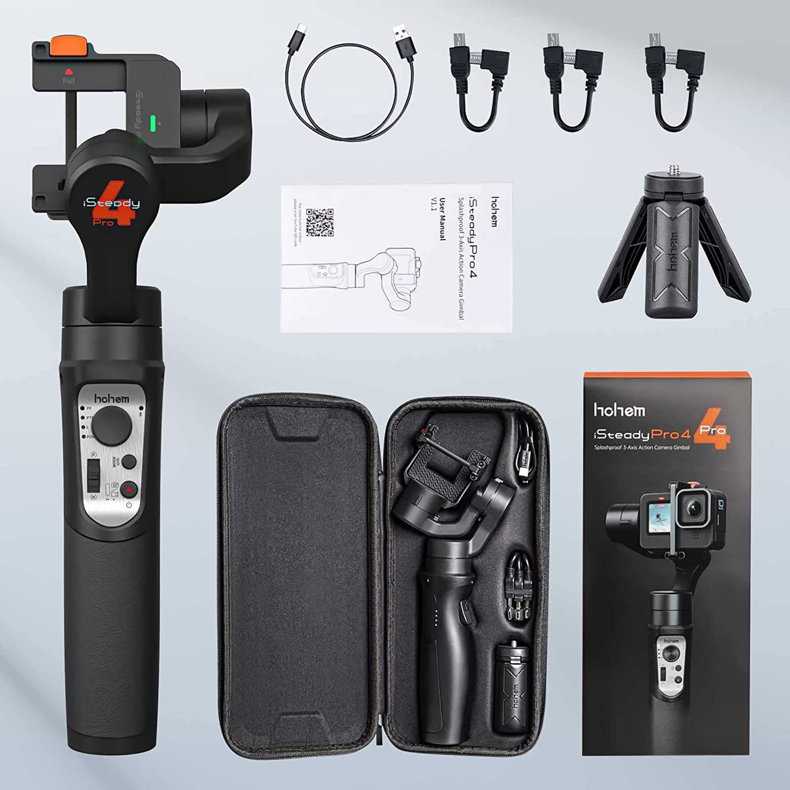 Hohem Isteady Pro 4 3-Axis Gimbal Stabilizer For Gopro Hero 11/10/9/8/7/6/5,Handheld Tripod Mount Compatible With Dji Osmo Action,Insta360 One R,Support Anti-Shake Wireless Control,Ipx4 Splash Proof