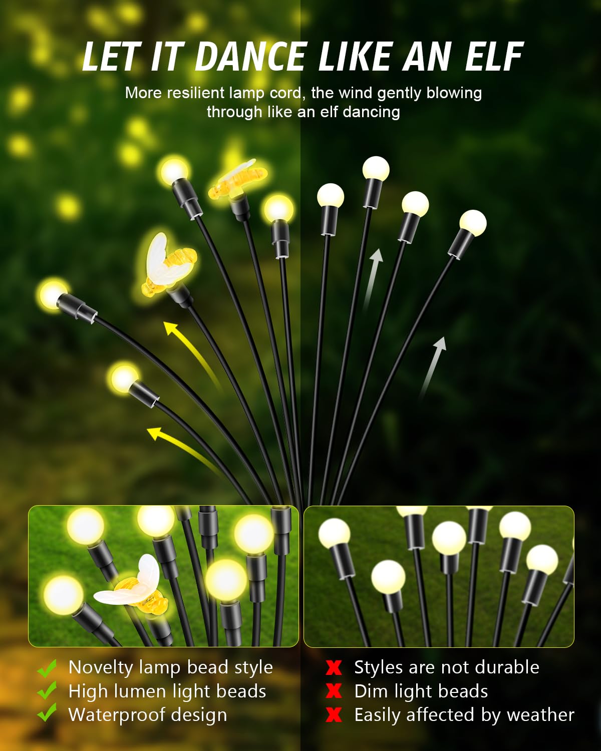Azbestpro Solar Garden Lights  40 Led Firefly Lights Solar Outdoor Sway By Wind For Patio Pathway Decoration 2+8 Warm White (Bees 4 Pack)…