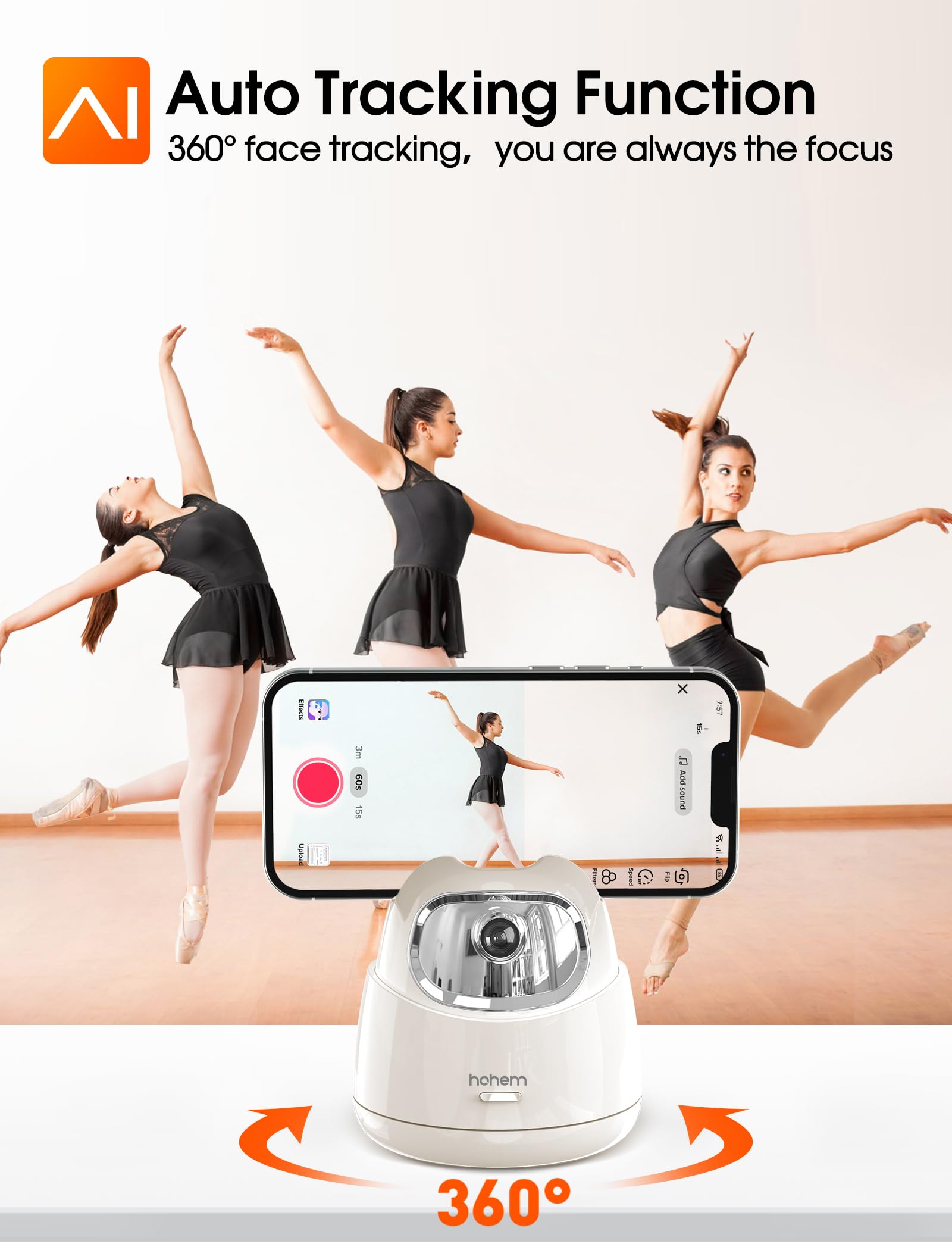 Hohem Go Auto Face Tracking Tripod, 360° And 30° Rotation 2-Axis Ai Auto Tracking Tablet & Phone Holder With Gesture Control For Live Streaming Vlog Video Recording, Rechargeable For 10H Use, No App