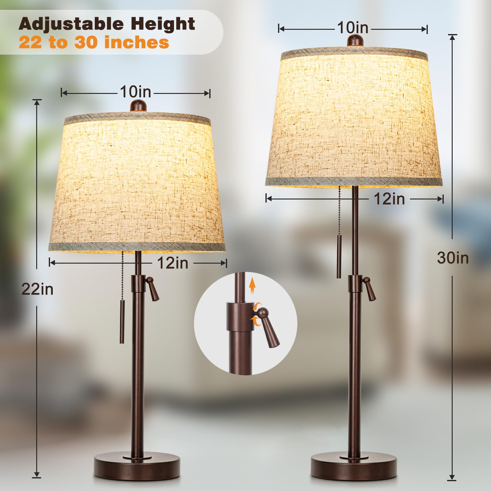 Junnai Table Lamps Set Of 2, 22" To 30"Adjustable Height Bedside Lamps For Living Room 3 Color Temperatures Tall Nightstand Lamps Modern Brown Table Lamp For Bedroom Office End Table (Bulbs Included)