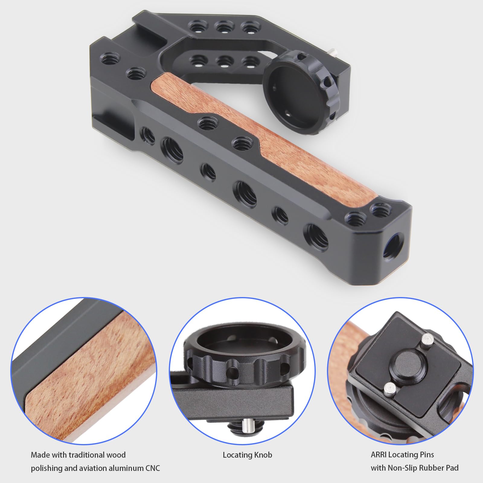 Leftfoto Top Handle Quick Release Handgrip For Camera Cage Rig With 3/8" Arri Locating Pins, Anti-Off Designed,Wood & Metal Grip