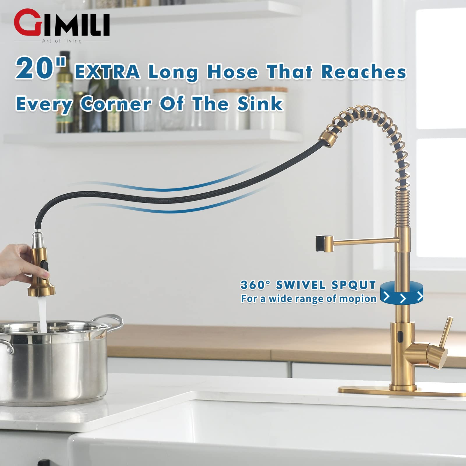 Gimili Gold Touchless Kitchen Faucet With Pull Down Sprayer Motion Sensor Smart Hands- Activated Single Hole Spring Faucet For Kitchen Sink