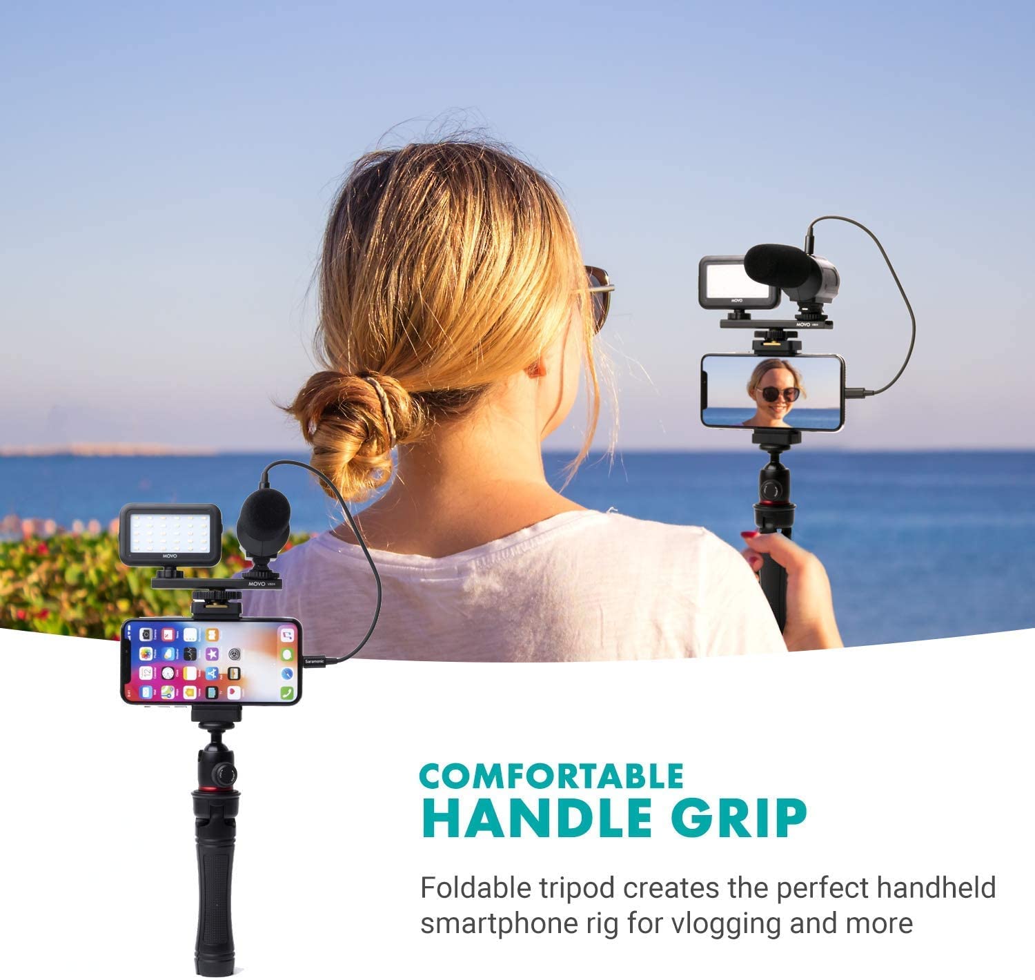 Movo Ivlogger Iphone/Android Compatible Vlogging Kit With Fullsize Tripod - Phone Video Kit Accessories: Tripods, Phone Mount, Led Light And Cellphone Shot Microphone For Phone Video Vlog Recording