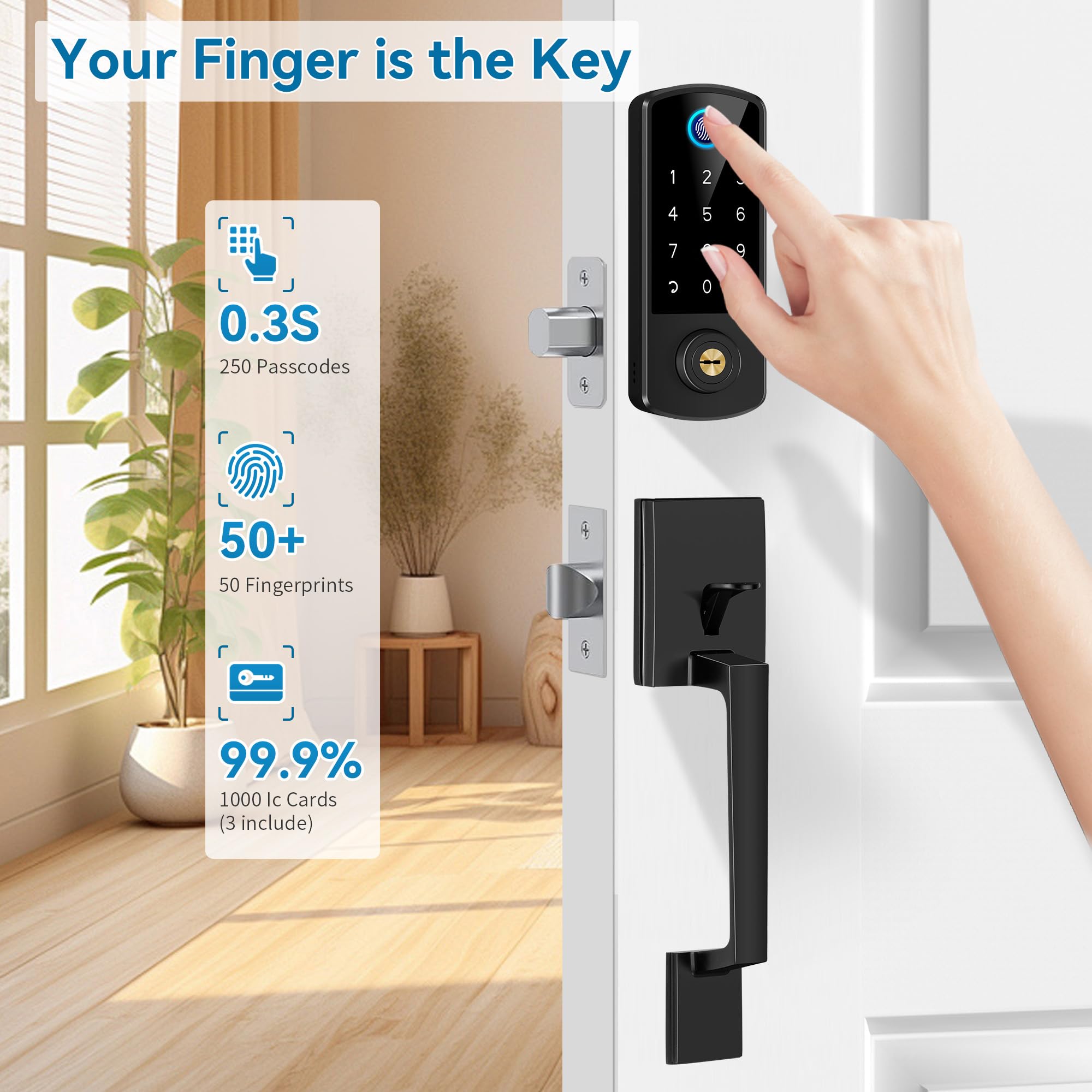 Bebasia Keyless Entry Door Deadbolt With Handle Set, Fingerprint App Smart Door Lock, Digital Keypad Bluetooth Deadbolt Lockset With Auto Lock Code Fob Black
