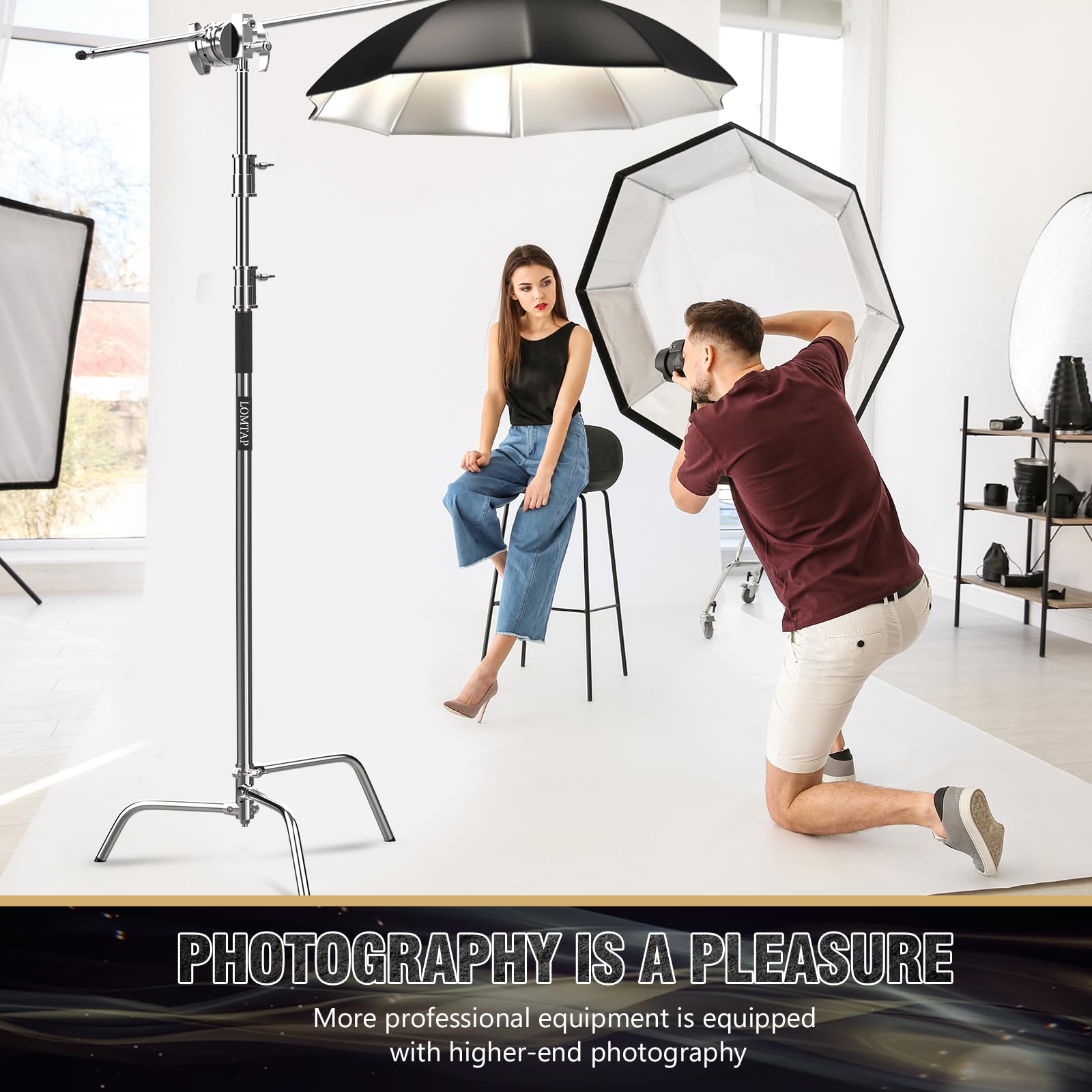 Lomtap C Stand Light Stand Stainless Metal Photography Kit - Heavy Duty 10.8Ft/330Cm Vertical Pole, 4.2Ft/128Cm Boom Arm, Adjustable Base, Water Sandbag, 2 Grip Heads, 3 Clips For Softbox, Reflector