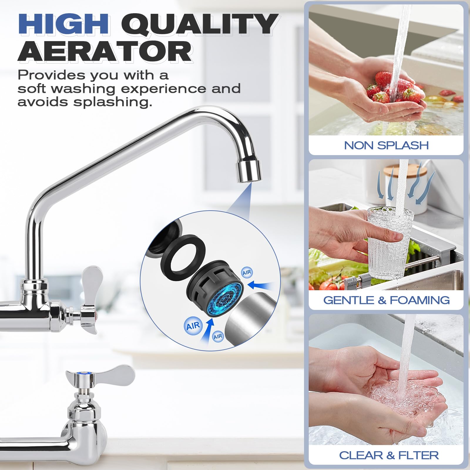 Pgkkle 25" Height Commercial Kitchen Faucet Wall Mount With Pre-Rinse Sprayer, 8 Inch Center Wall Mount Sink Faucet With 12" Swing Spout ，Commercial Sink Faucet For Commercial Restaurant Industrial Kitchen.