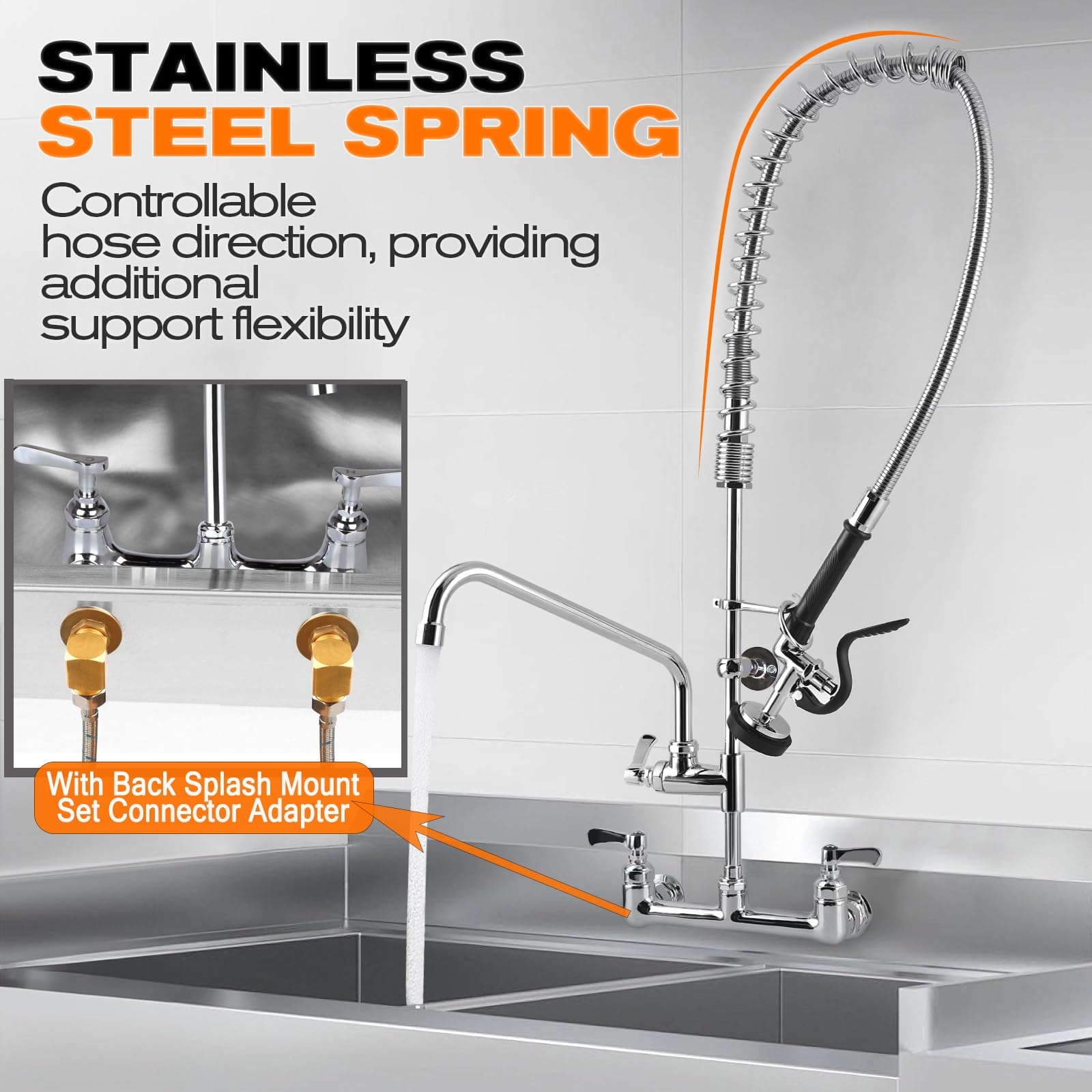 Bzimak 25" Height Commercial Faucet With Sprayer, 8" Adjustable Center & 12" Add-On Swing Spout, Wall Mount Pre-Rinse Faucet Installation Kit For Restaurant Kitchen