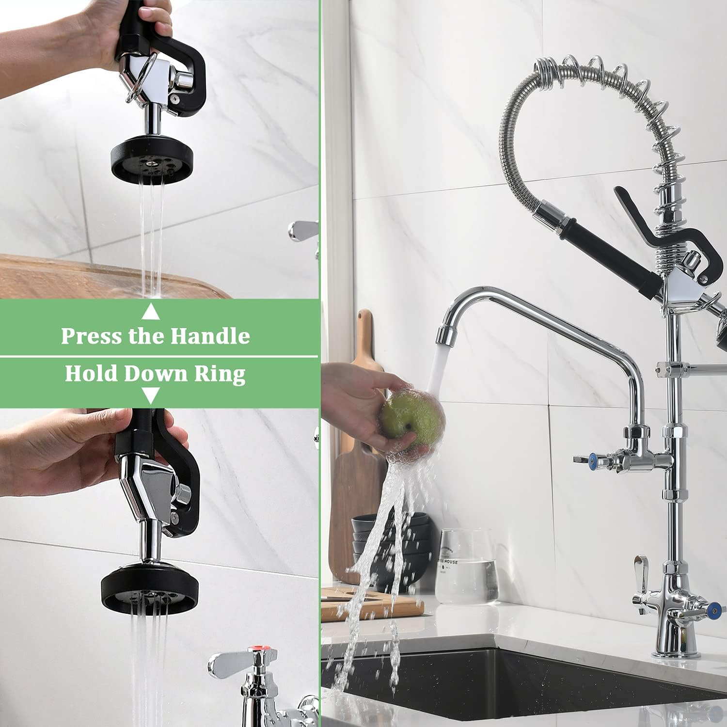 Appaso Commercial Faucet With Pre-Rinse Sprayer, 25'' Height Deck Mount Single Hole Polished Chrome Pull Down Compartment Sink Faucet With 10'' Swivel Spout For Restaurant Industrial 294Cp