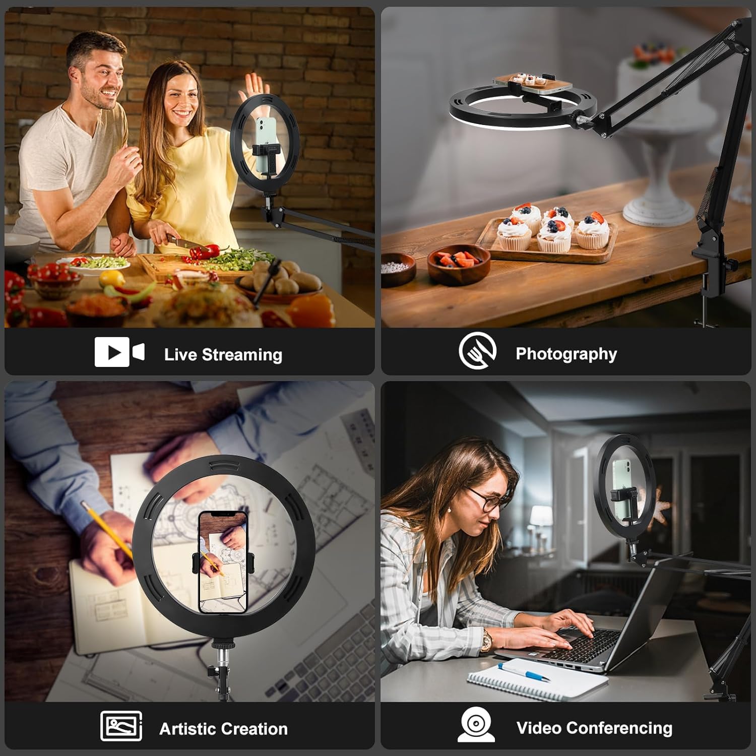 Evershop Ring Light Overhead Camera Phone Mount For Desk, 10” Selfie Light With Stand Tripod For Iphone, Light With Phone Holder For Video Recording,Zoom Meeting,Live Streaming Tiktok,Youtube