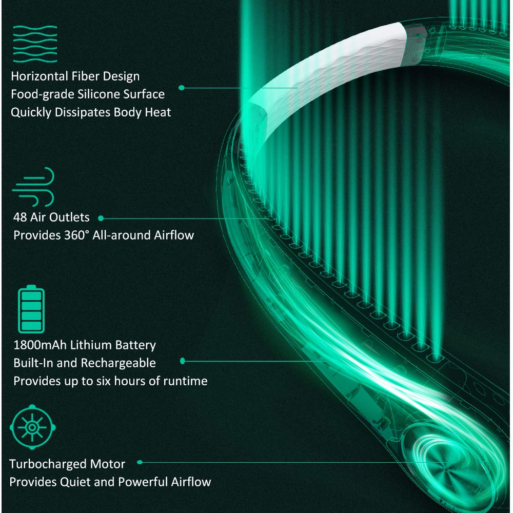 360° airflow bladeless neck fan, rechargeable USB-powered, ideal for hands-free personal cooling on the go