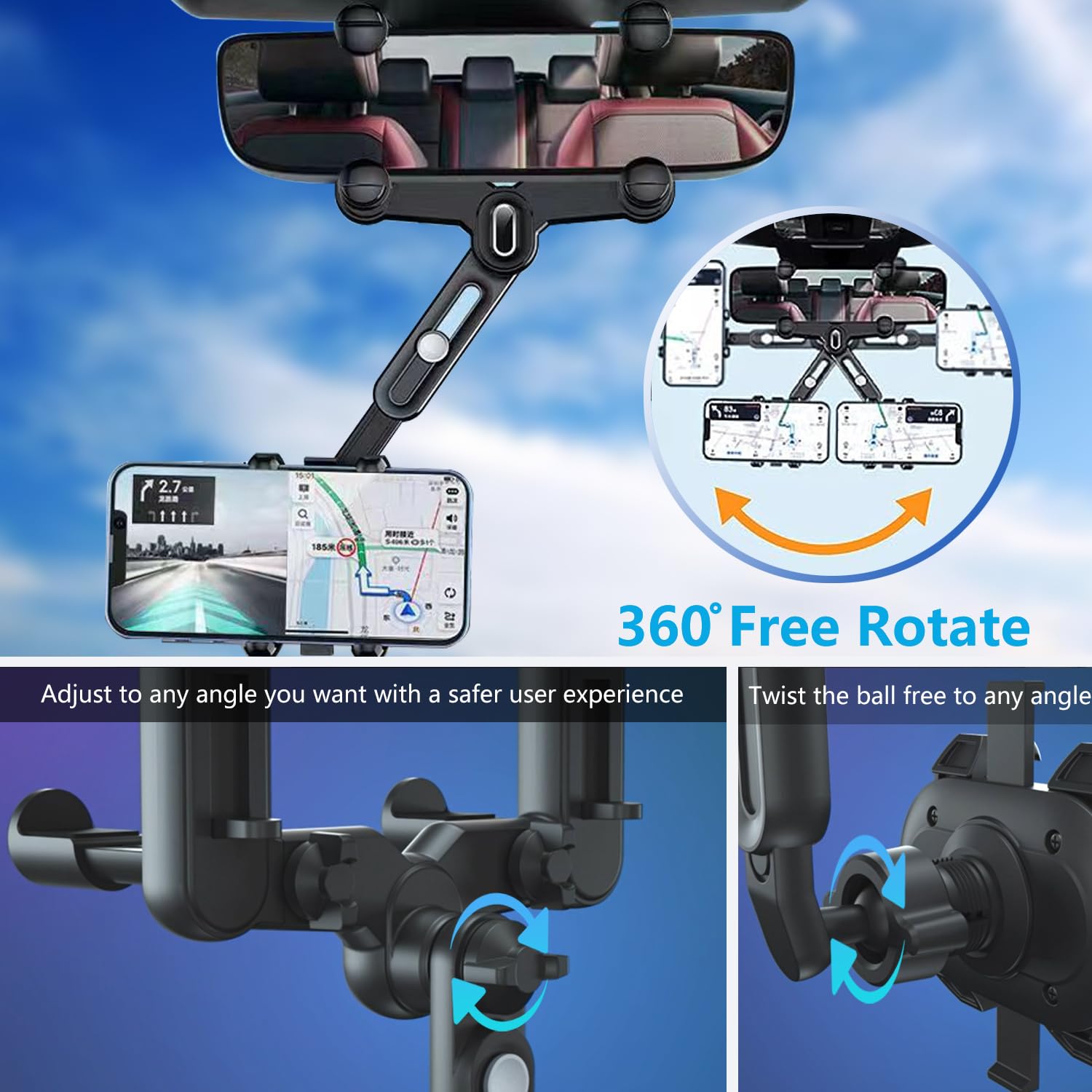 Pkyaa Rearview Mirror Phone Holder For Car, 360° Rotating Rear View Mount With Adjustable Arm Length,  Four Corners Fixed Anti-Shake Multifunctional Design For All Smartphones
