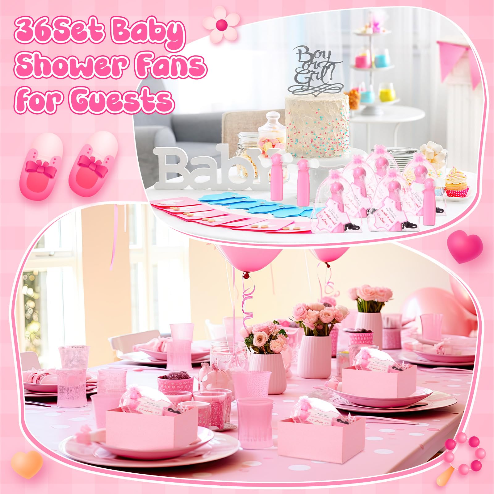 Handheld fans for baby showers, with gift bags and thank you cards, perfect for event giveaways