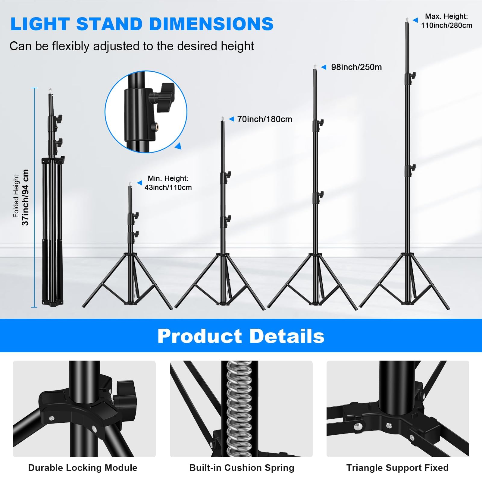 Soonpho 2Pack Heavy Duty Light Stand 9.2Ft / 110" Aluminum Spring Cushioned Tripod Lighting Stands Max Loading:10Kg Adjustable 94Cm-280Cm With Carry Bag For Photography Softboxes Umbrella Studio Shooting