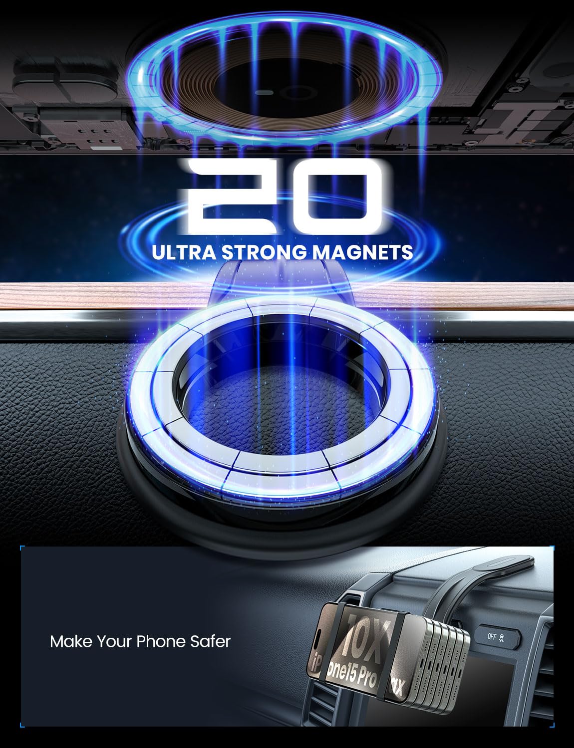 Esamcore For Magsafe Car Mount Detachable, Bendable Aluminum Arm Magnetic Phone Holder For Car【20 Strong Magnets】 Cell Phone Mount For Car Dash Fit Iphone 16 15 14 13 Pro Max Mini Mag Safe Accessories