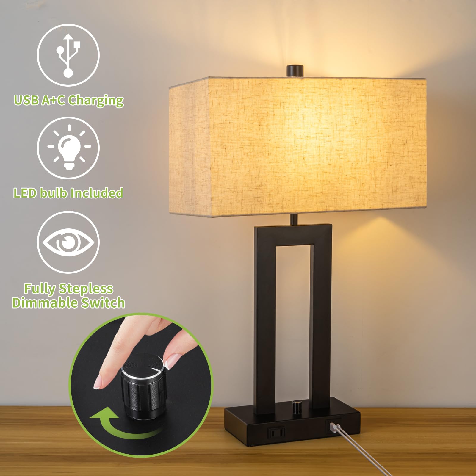 Vikdio Modern Table Lamps Set Of 2-22" Tall Bedside Lamps With Usb-C/Usb-A Charge Ports & Outlet, Stepless Dimmable Fabric Cream Shade Nightstand Lamps For Bedroom & Living Room