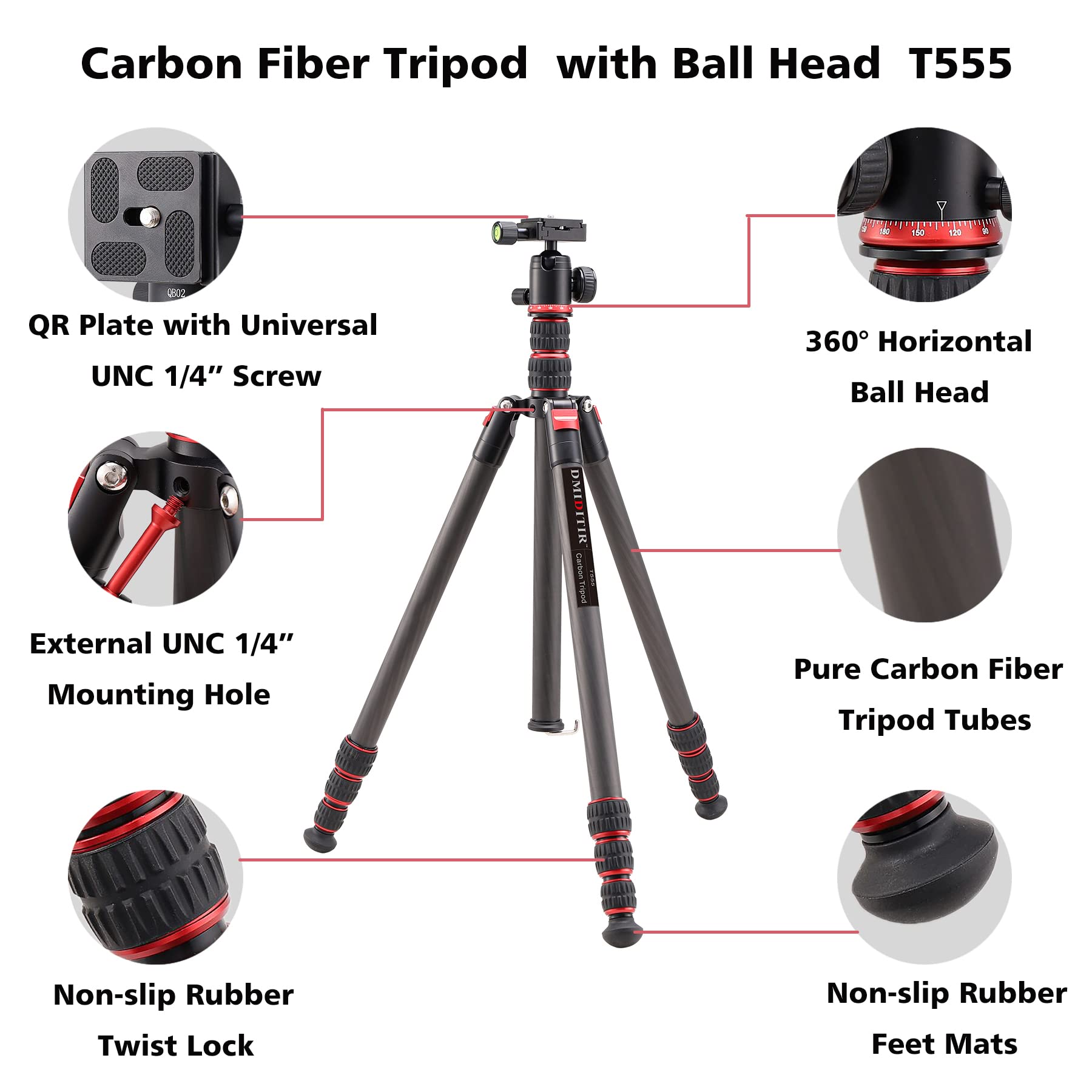 Dmiditir 76 Inch Carbon Fiber Tripod,Metal Camera Tripod Monopod With 360 Degree Metal Ball Head, Camera Stand With Carry Bag And  Box For Dslr Cameras Video Camcorders Load Up To 26.5 Pounds