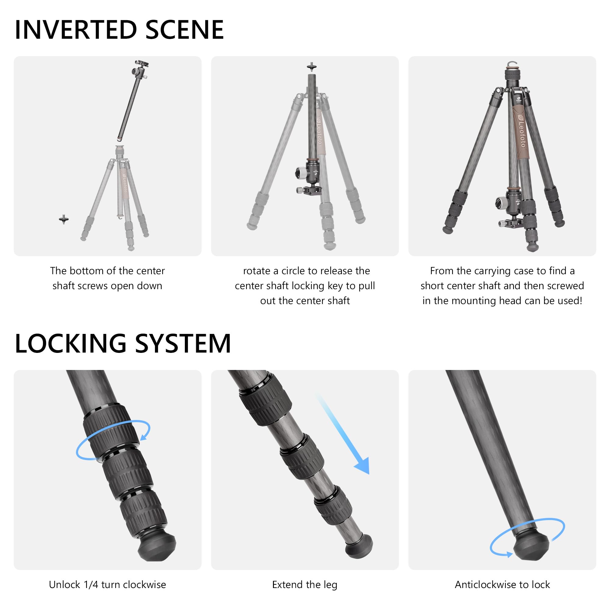 Leofoto Carbon Fiber Lightweight Travel Tripod, Reversible Folding Leg Tripod With Ball Head, Removable Center, Maxload 10Kg, Weight 1.66Kg, Folded 470Mm (Lx-284Ct+Xb-38)