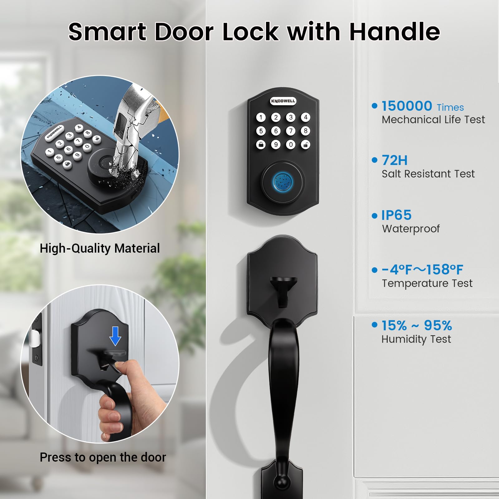Knobwell Keyless Entry Door Lock With Handle Set,Front Door Handle Set，Password Door Lock Fingerprint & Keypad Deadbolt, Auto Lock, Matte Black