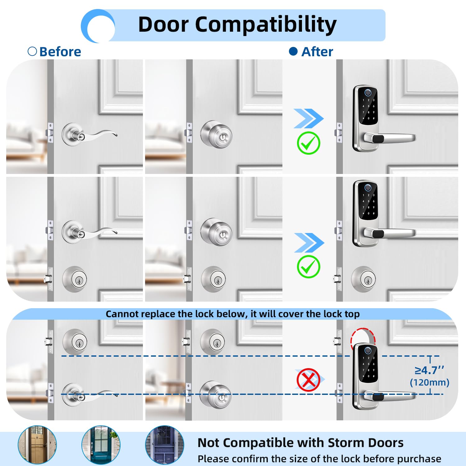 Msr X6 Smart Door Lock With Handle,Keyless Entry Door Locks, 8-In-1 Fingerprint Keypad Exterior Lock - Smart Locks For Front Door - Digital Electronic Smart Lock With Code & App Control (Silver)