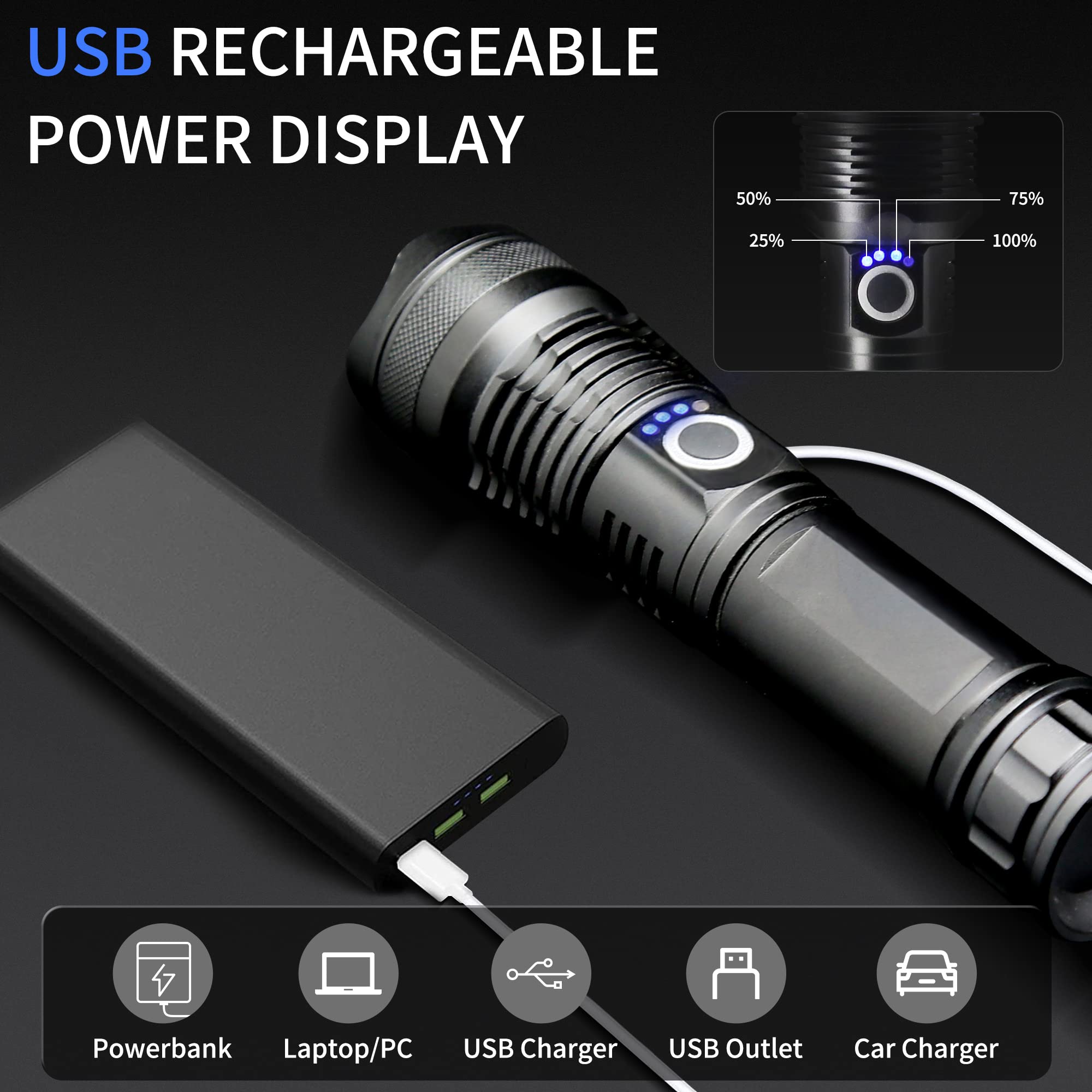 Kwznob Rechargeable Led Flashlights 10000 High Lumens, Super Bright Utility Flashlight With 5 Modes, Powerful Zoomable Flash Light, Waterproof Handheld Flashlight For Hiking Emergencies