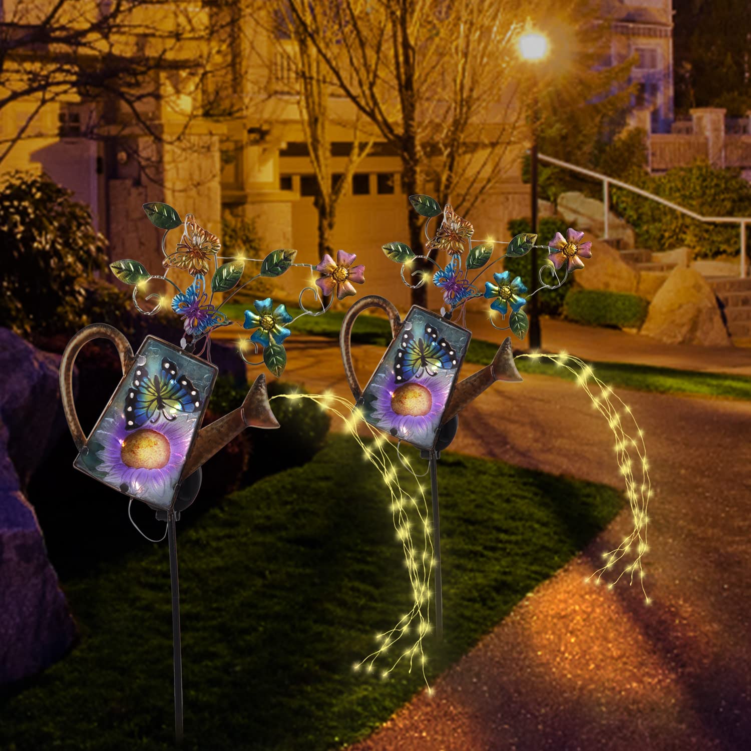 Larekook Solar Outdoor Watering Can Lights-Butterfly Decorative Path Lights, Metal Glass Solar Powered Garden Waterfall Decor Ornament For Yard Lighting Outside