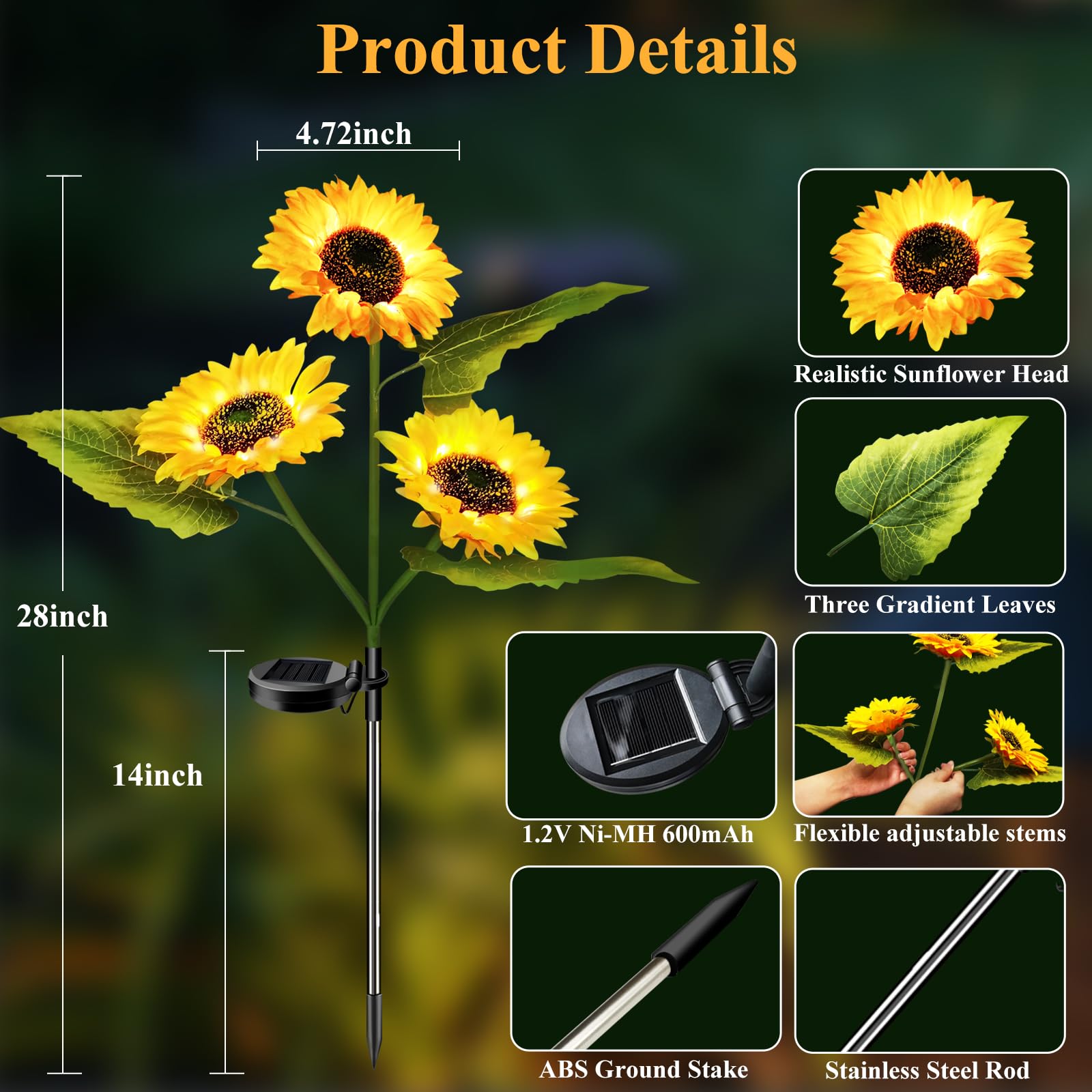 Etre Jeune Garden Lights Solar Powered, 3 Pack Solar Outdoor Lights With 9 Bigger Sunflower Waterproof Realistic Solar Flowers Lights For Patio Pathway Walkway Landscape Yard Decorations