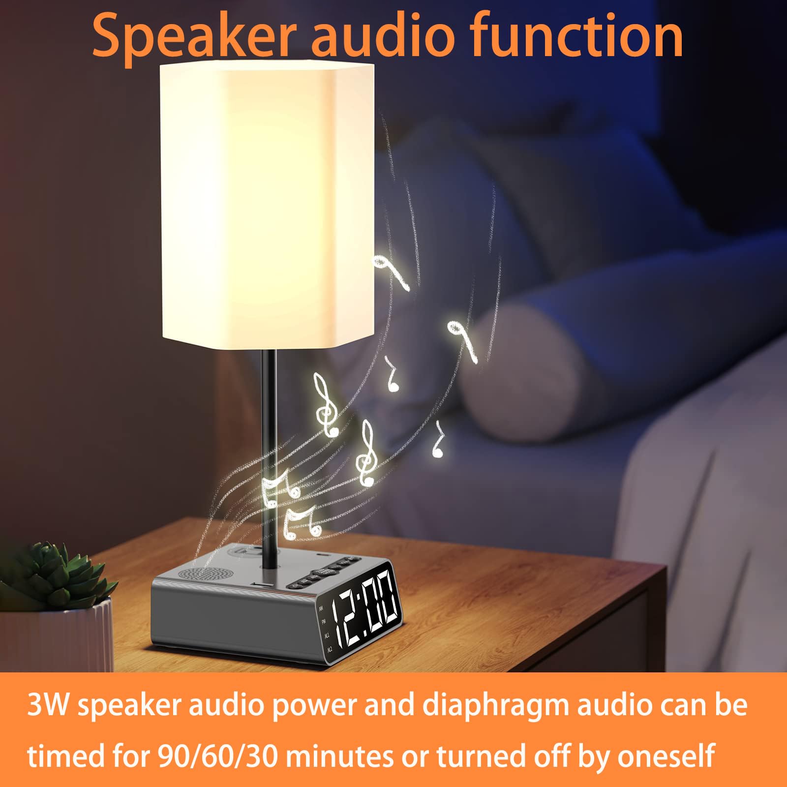 Sussex Table Lamp With Alarm Clock, Charging Station, Usb C & A, Ac Outlet Ports, Speakers, Radio - Power Outlet With Touch Control 3-Way Dimmable Nightstand Lamp For Kids Study Room, Bedroom