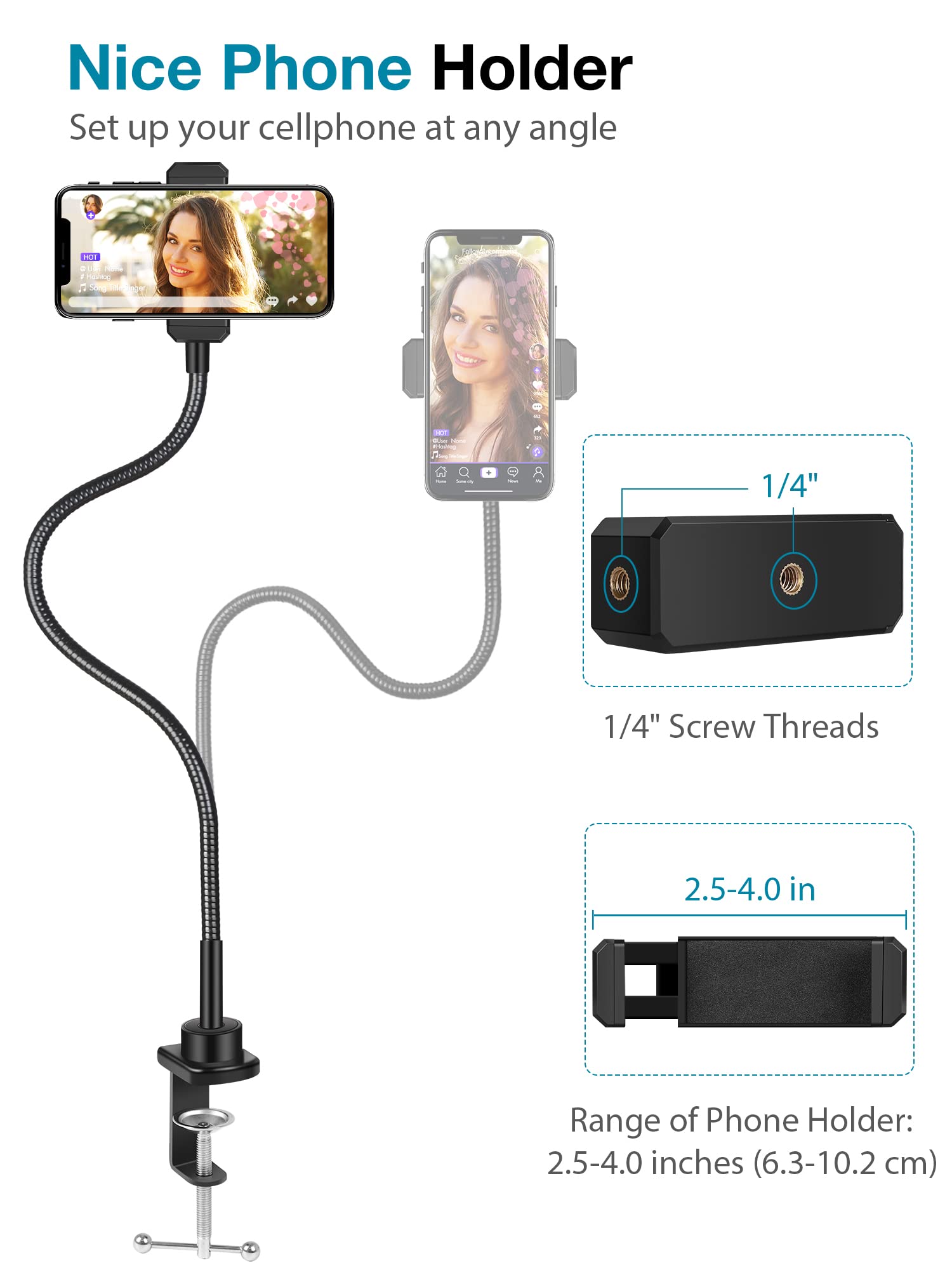 Innogear Webcam Stand With Phone Mount, Desk Camera Arm Stands Gooseneck For Logitech Webcam Brio 4K C960 C920 C920S C922 C922X C925E C930 C930E C615 Nexigo N60, Right Light, Gopro With 1/4" Thread