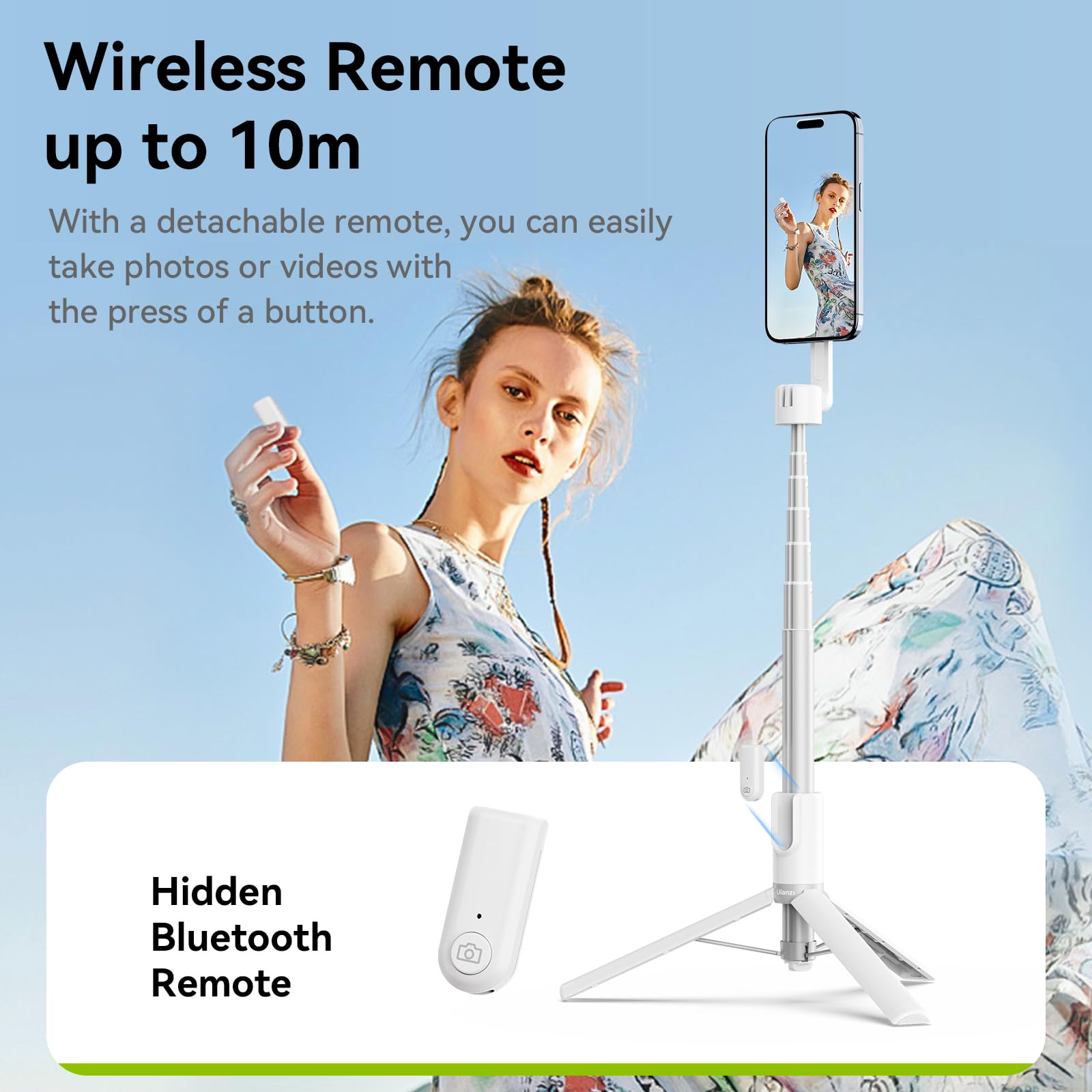 Ulanzi 54'' Magnetic Selfie Stick Tripod Pro, All-In-One Phone Tripod W Magnetic Phone Holder & Detachable Wireless Remote, C/W Magsafe, For Iphone 16 15 14 13 12 Series & Android Phones (White)