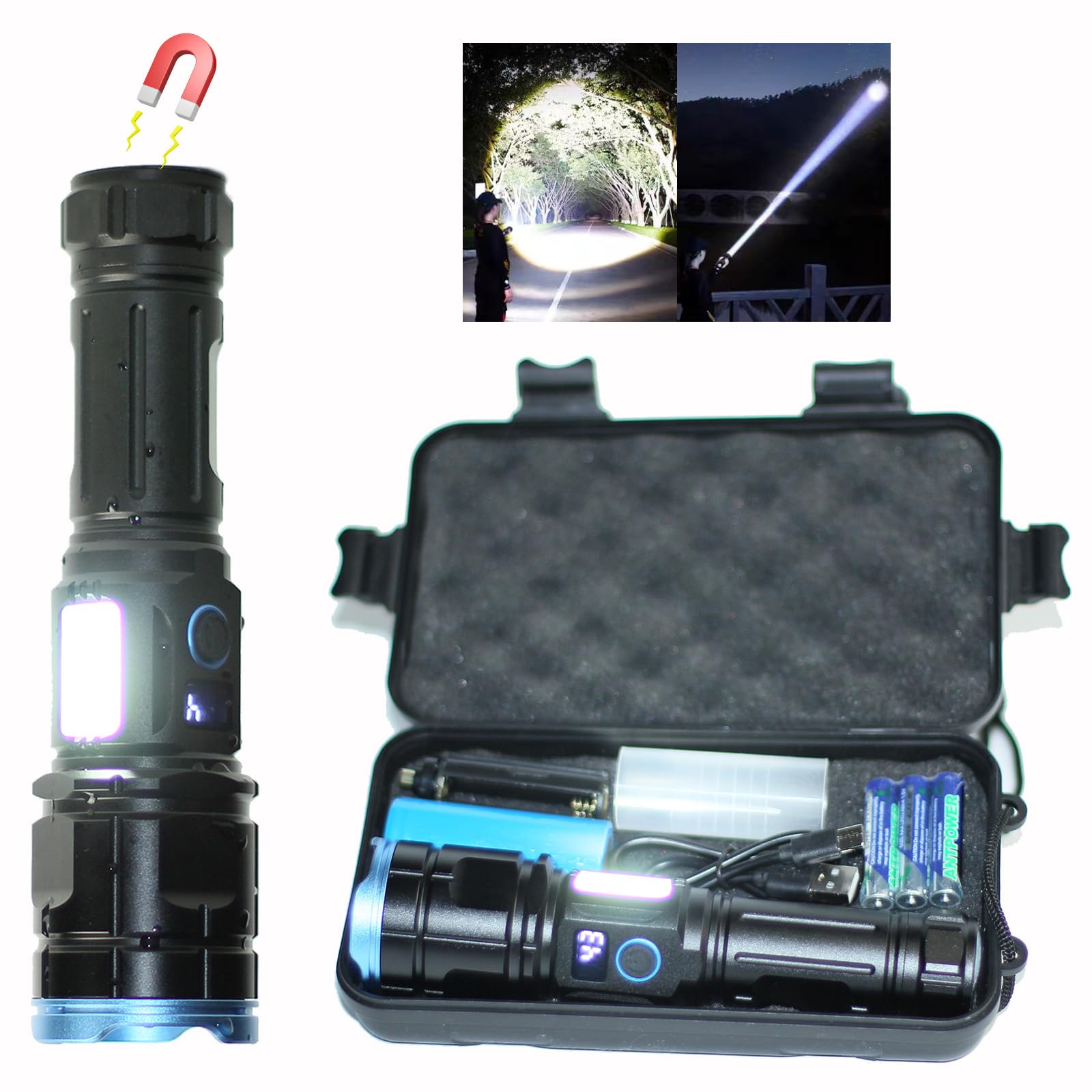 Giigoemy Rechargeable Super Bright Led Tactical Flashlights With White + Red Side Light Flash Light, Tail Cap With Magnet, High Power,Usb Rechargeable Flashlight,Emergency Lights For Home
