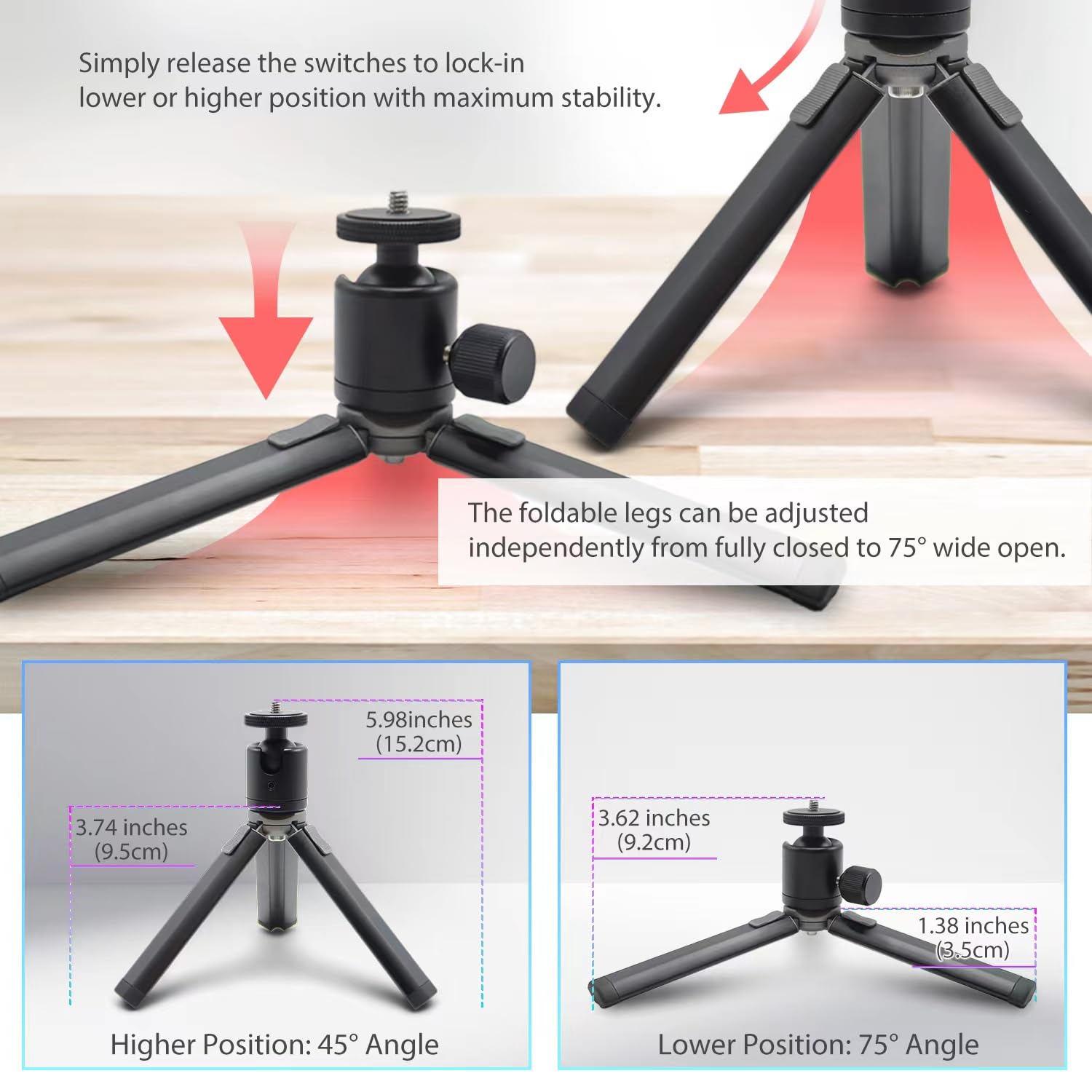 Kado Metal Portable Monitor Stand Tripod, 2-In-1 Phone/Tablet Clamp Portrait/Landscape, 100X100Mm 75X75Mm Wall/Arm Mount Adapater Bracket Plate, 360° Ball Head Compact For Projector, Camera And Webcam