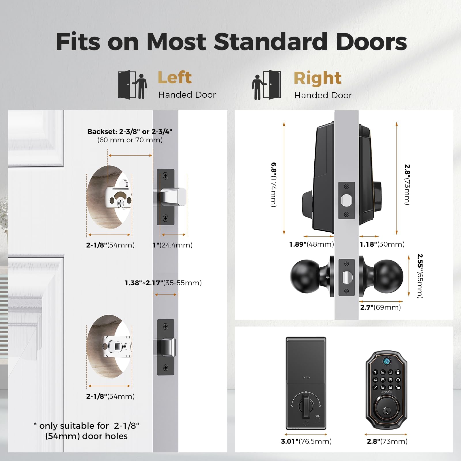 Arpha Keyless Entry Door Lock Deadbolt With Handle Set - 100 Code Smart Fingerprint Door Lock With App Control, Anti-Peeping Password Auto Locks, One Time Code, Zinc Alloy Black
