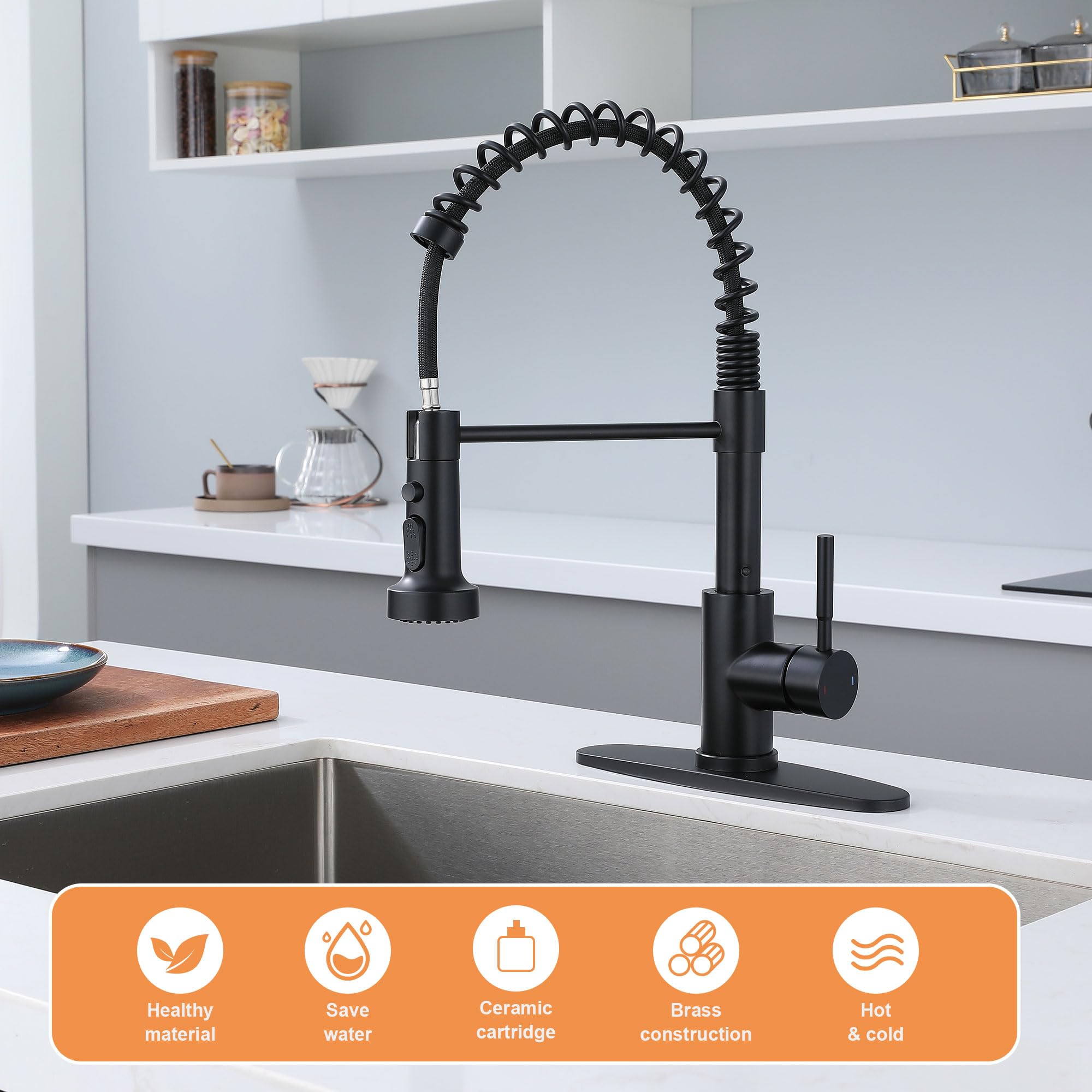 Gcgweqs Black Kitchen Faucet With Pull Down Sprayer, Single Handle Stainless Steel Pull Out Spring Sink Faucets 1 Hole Or 3 Hole Dual Function For Farmhouse Camper Laundry Utility Rv Wet Bar