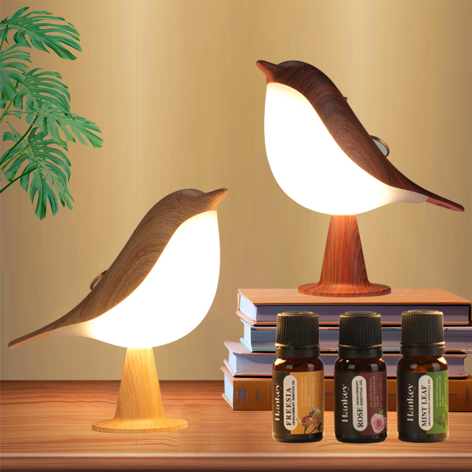 Lenporl 2 Pack Bird Led Table Lamp Touch Sensor Bedside Aroma Lamps With 3 Level Brightness Rechargered Abs Dimmable, Cute Creative Bird Night Light For Kids Nursery, Home,Office,3 Essencial Oils