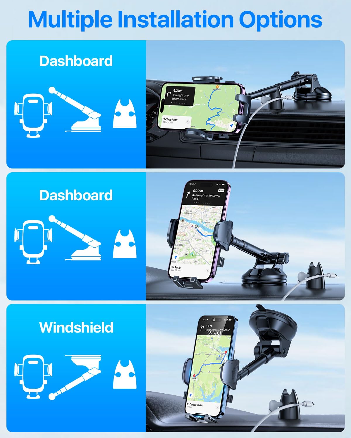 Htu Phone Holders For Your Car [88 Lbs Super Heavy Duty] Suction Cup Phone Holder Windshield/Dashboard/Window, Universal Car Phone Holder Mount, Compatible With Iphone, Samsung & Other Cellphone,Black