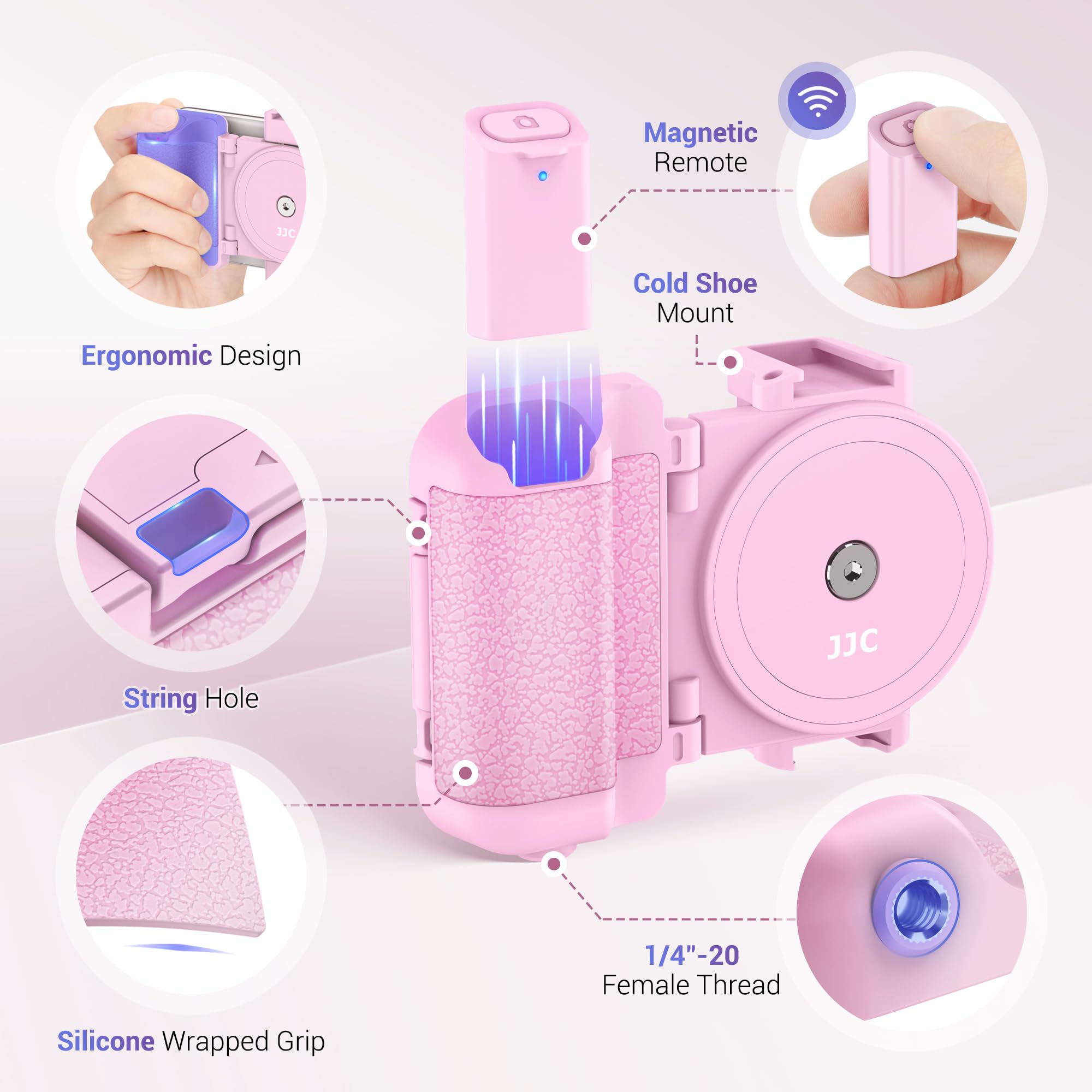 Kiorafoto Phone Camera Grip Smartphone Photography Shooting Clip With Tripod Mount & Detachable Wireless Shutter Remote Control, Phone Selfie Grip Handle Stand For Iphone Samsung Android Phone Vlog Video Pink