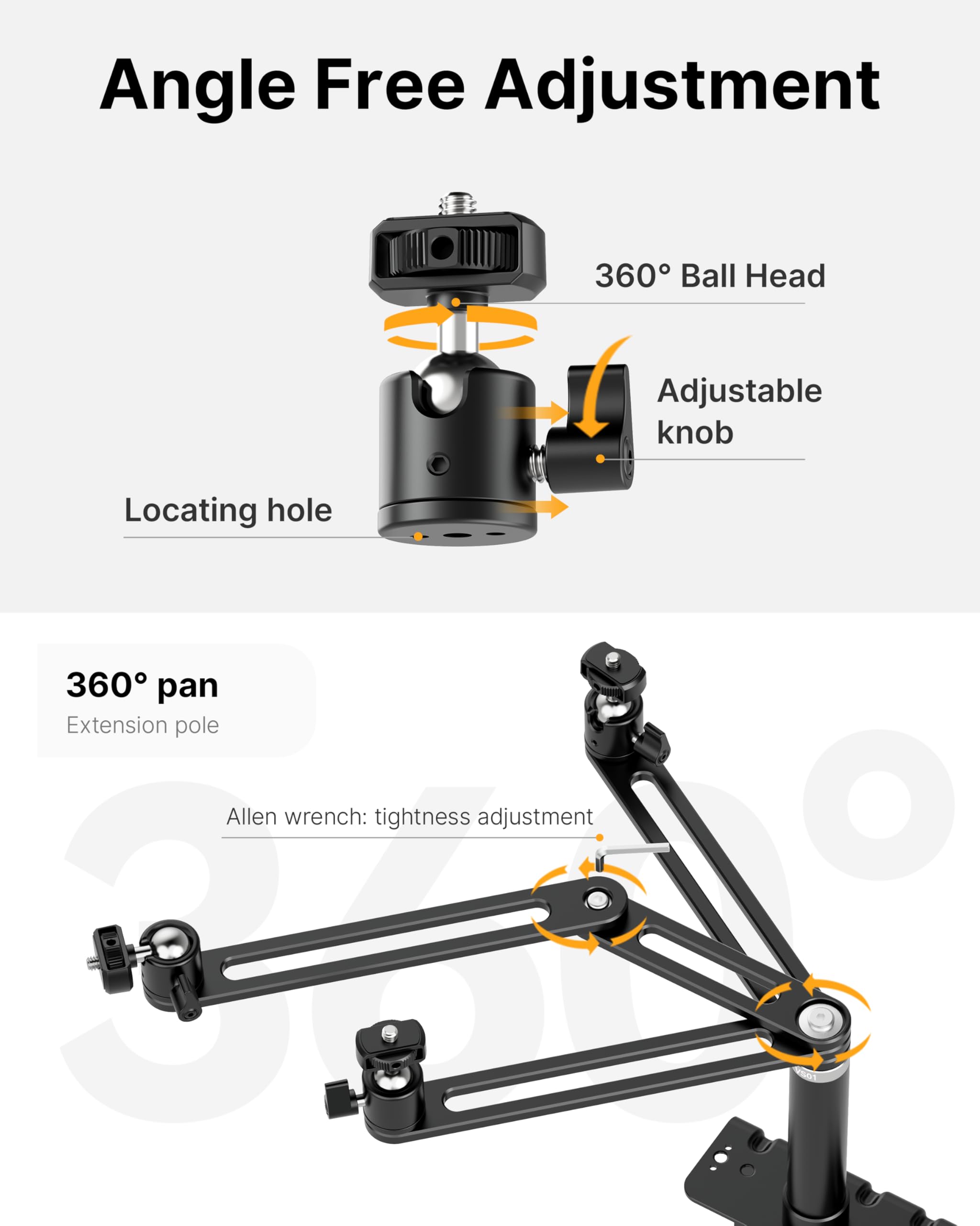 Ulanzi Vs01 Overhead Camera Mount Stand For Vesa Monitor, 1/4'' Universal Camera Mount Rig With Flexible Arms, 360 Ball Head Adjustable Holder For Video Recording Live Stream Dslr Mic Light