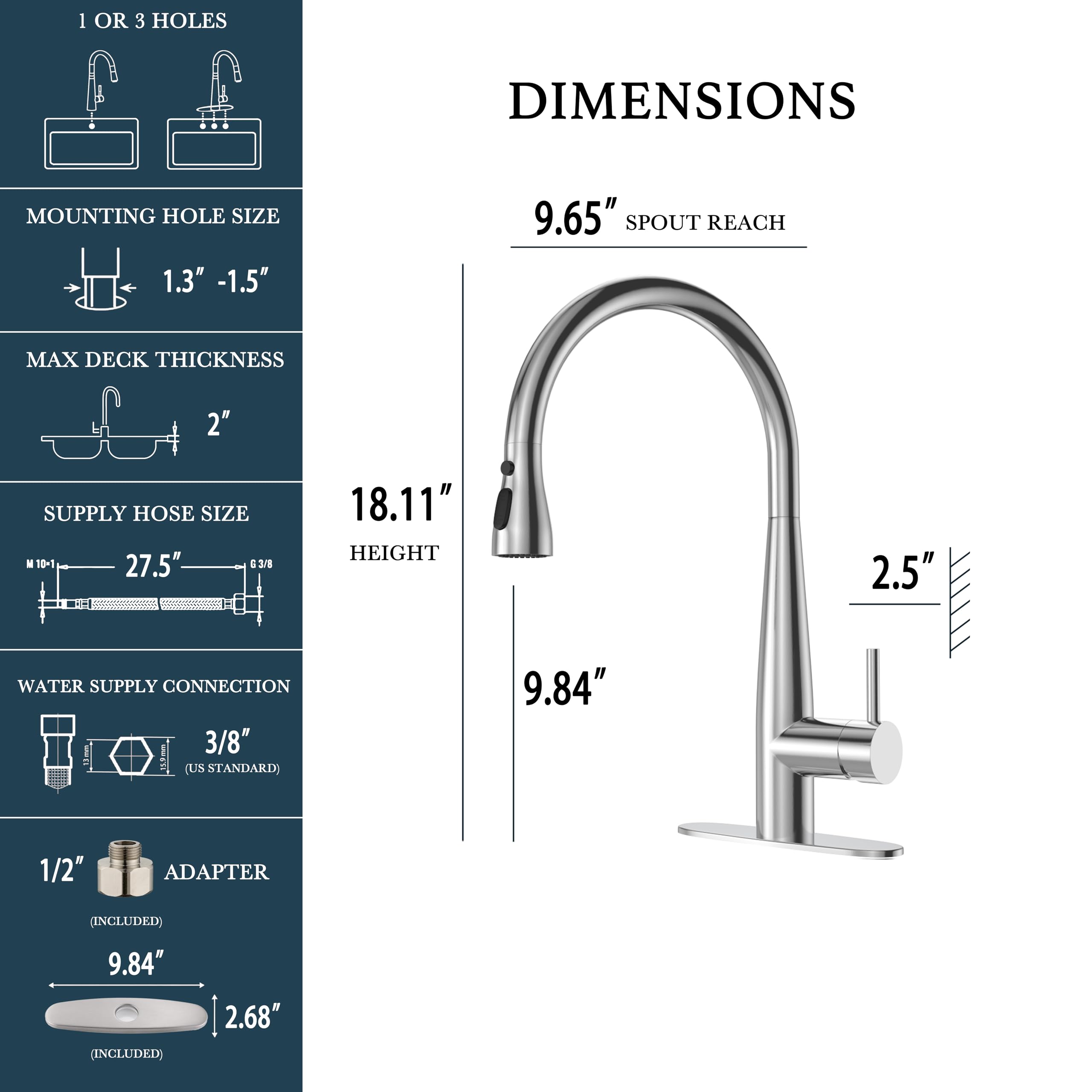 Puretap Brushed Nickel Kitchen Faucet, 18-Inch High Arc Kitchen Faucets With Pull Down Sprayer, Kitchen Sink Faucet, Faucet For Kitchen Sink Spray Head