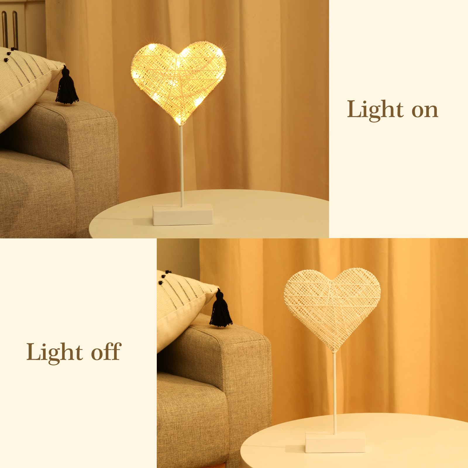 Lewondr Decorative Table Lamp, Heart Led Light Winding Cotton Thread Night Lamp For Bedroom, Battery Powered Desk Lamp For Valentine'S Day Romantic Xmas Home Decorations Bedside Table Lamp, White
