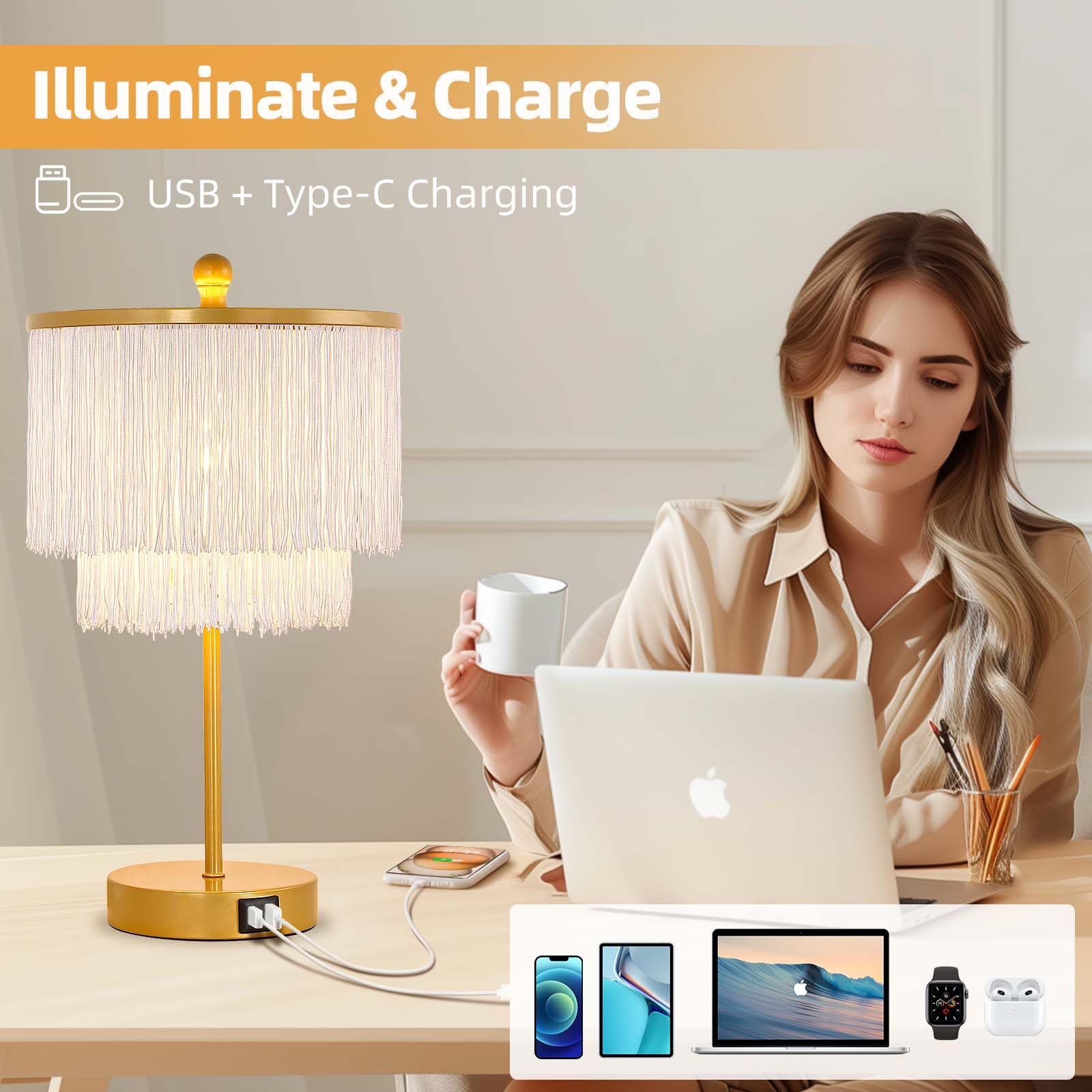 Lovlast Boho Lamp For Bedroom, 3-Way Dimmable Bedside Touch Lamp With Usb Charging Port, Gold Table Lamp, Fringe Boho Table Lamp For Living Room, Teens Room, Dresser, Nightstand, Led Bulb Included