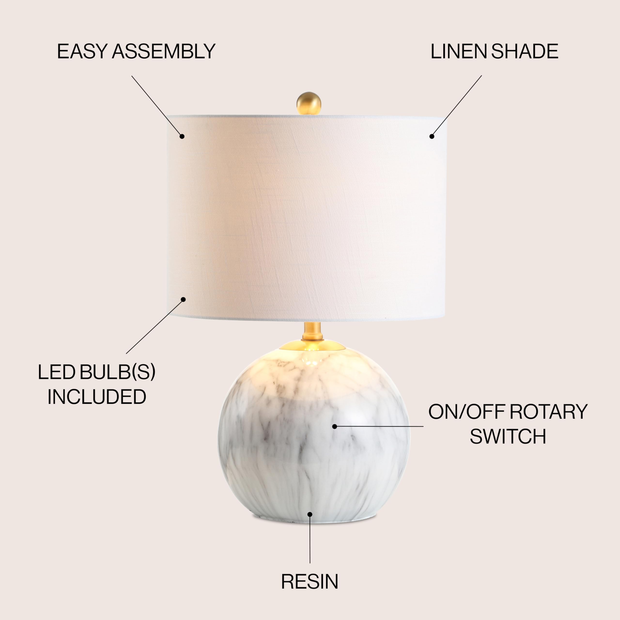 Jonathan Y Jyl1064A Luna 21.5" Resin Led Table Lamp Classic Glam Bedside Desk Nightstand Lamp For Bedroom Living Room Office College Bookcase Led Bulb Included, Faux Marble