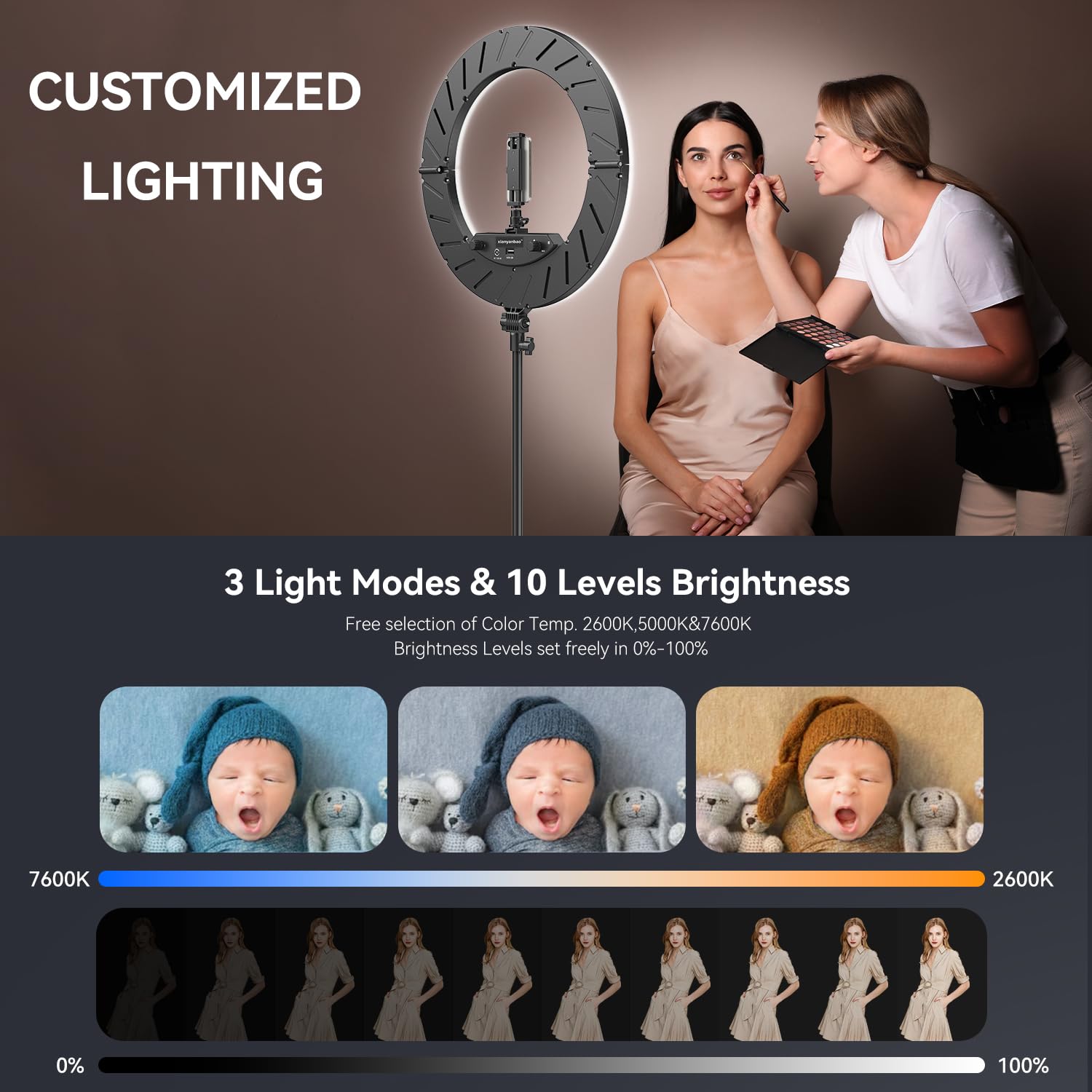 Xianyanbao 18 Inch Ring Light Kit, 55W6700K Dimmable Led Light, Tripod Stand, Remote Controller,Box,Cri95,Black